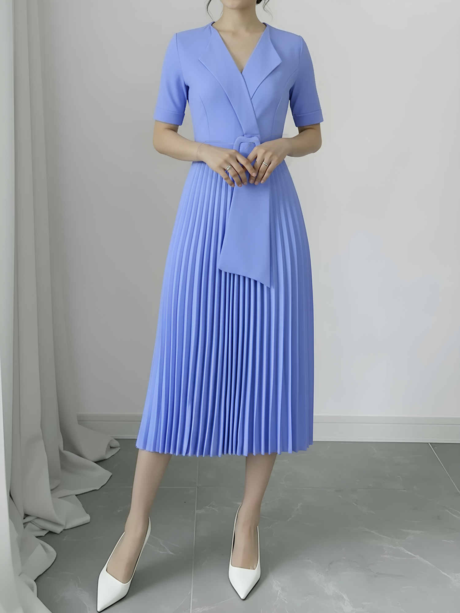 Lapel Belted Solid Color Pleated Midi Work Dress Blue/S