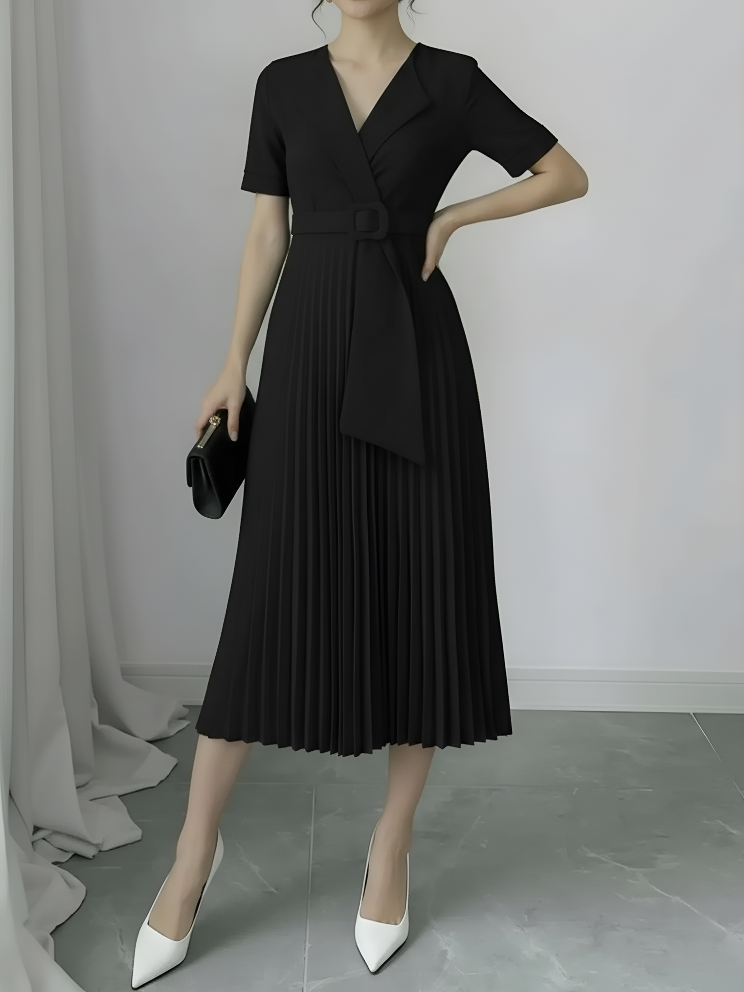 Lapel Belted Solid Color Pleated Midi Work Dress Black/XL
