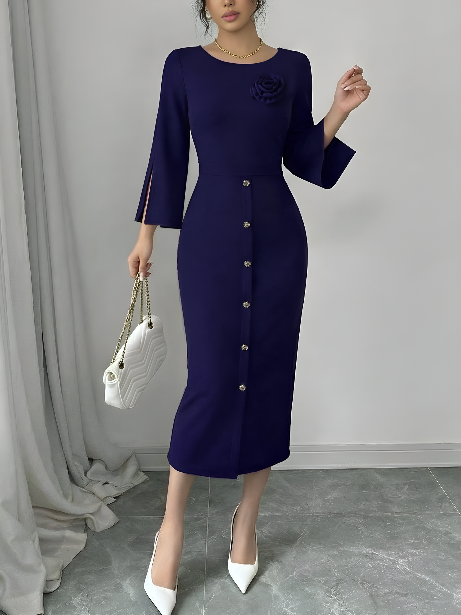 3/4 Slit Sleeves Round Neck Midi Sheath Dress Dark Blue/XL