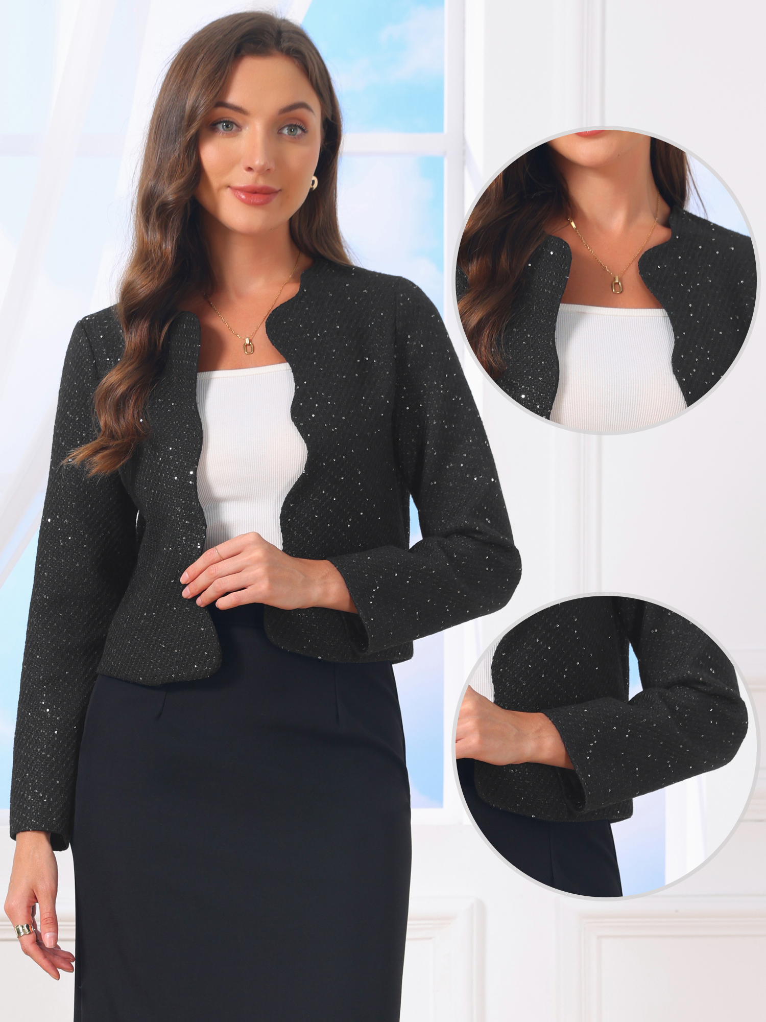 Tweed Collarless Open Front Work Business Cropped Jackets Black/M