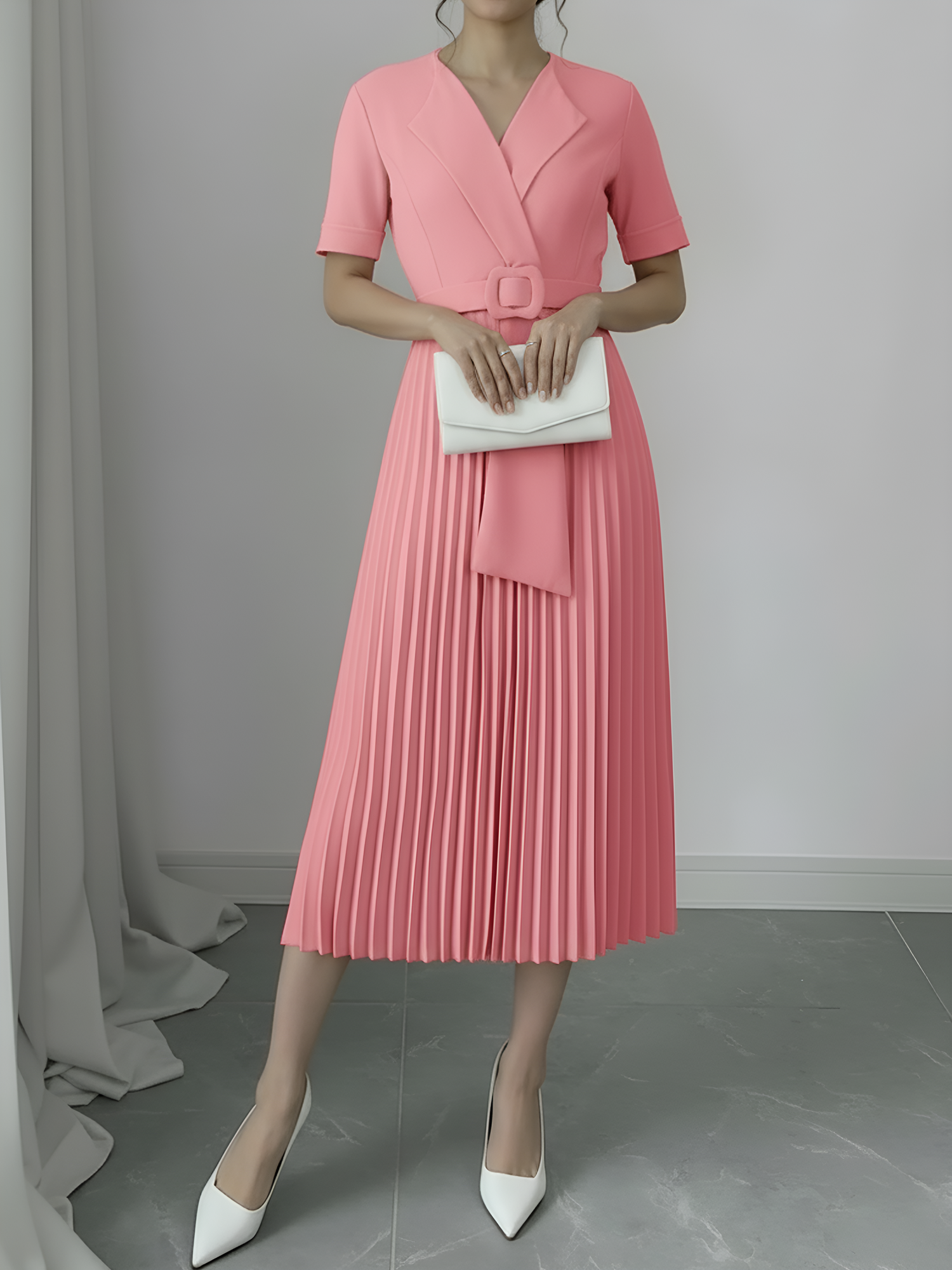 Lapel Belted Solid Color Pleated Midi Work Dress Pink/L