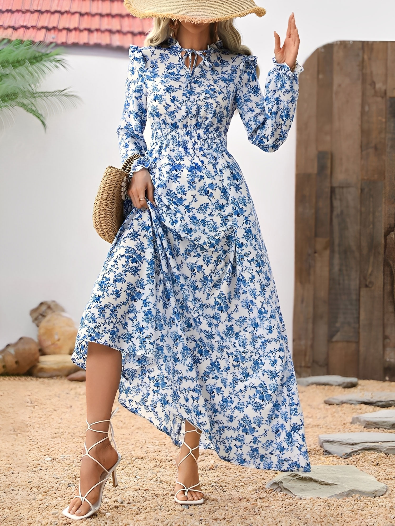 Printed Ruffled Long Sleeve Smocked Maxi Dress Blue/M