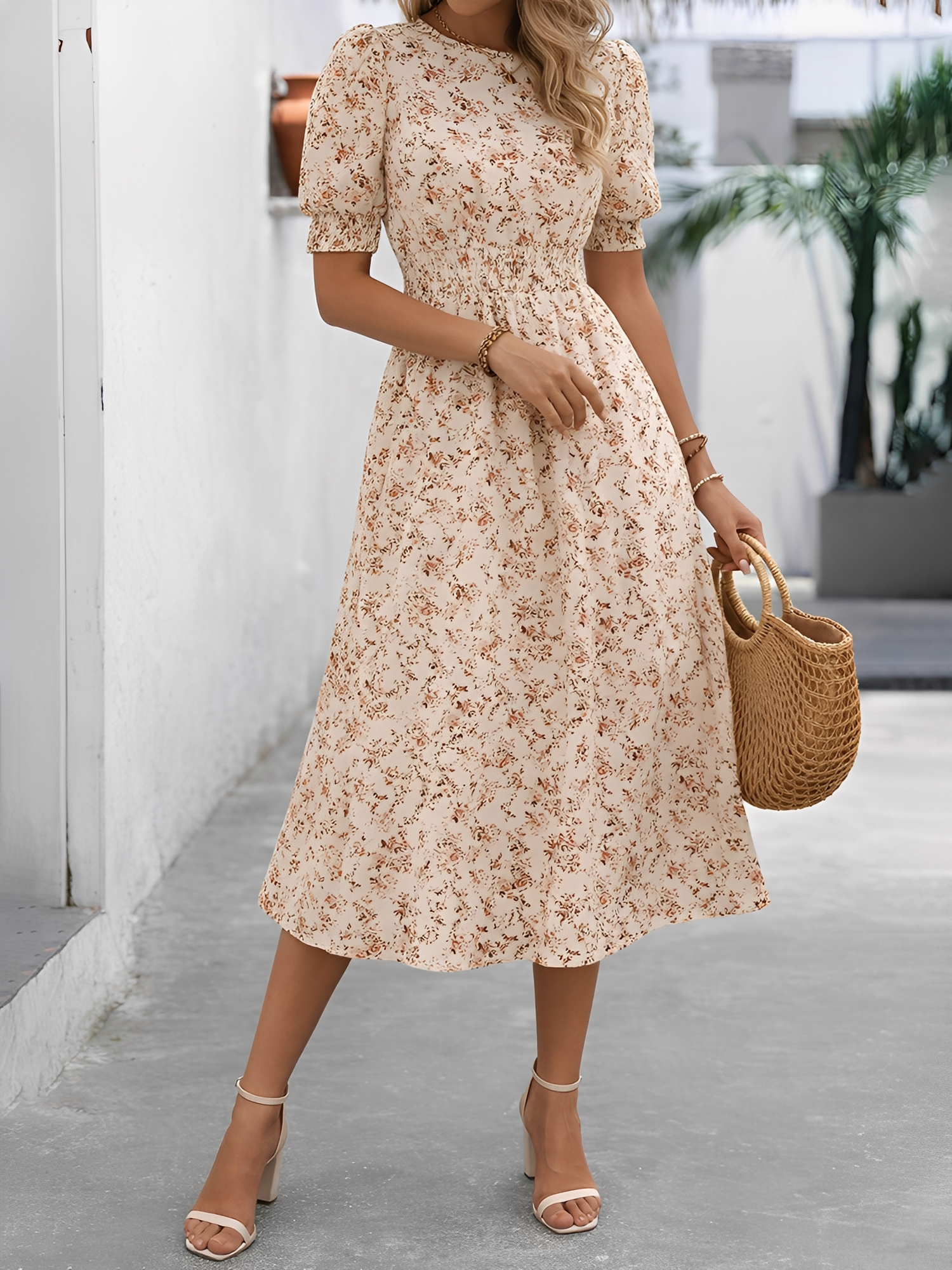 Floral Puff Sleeves Smocked Waist A-Line Midi Dress Apricot/XS