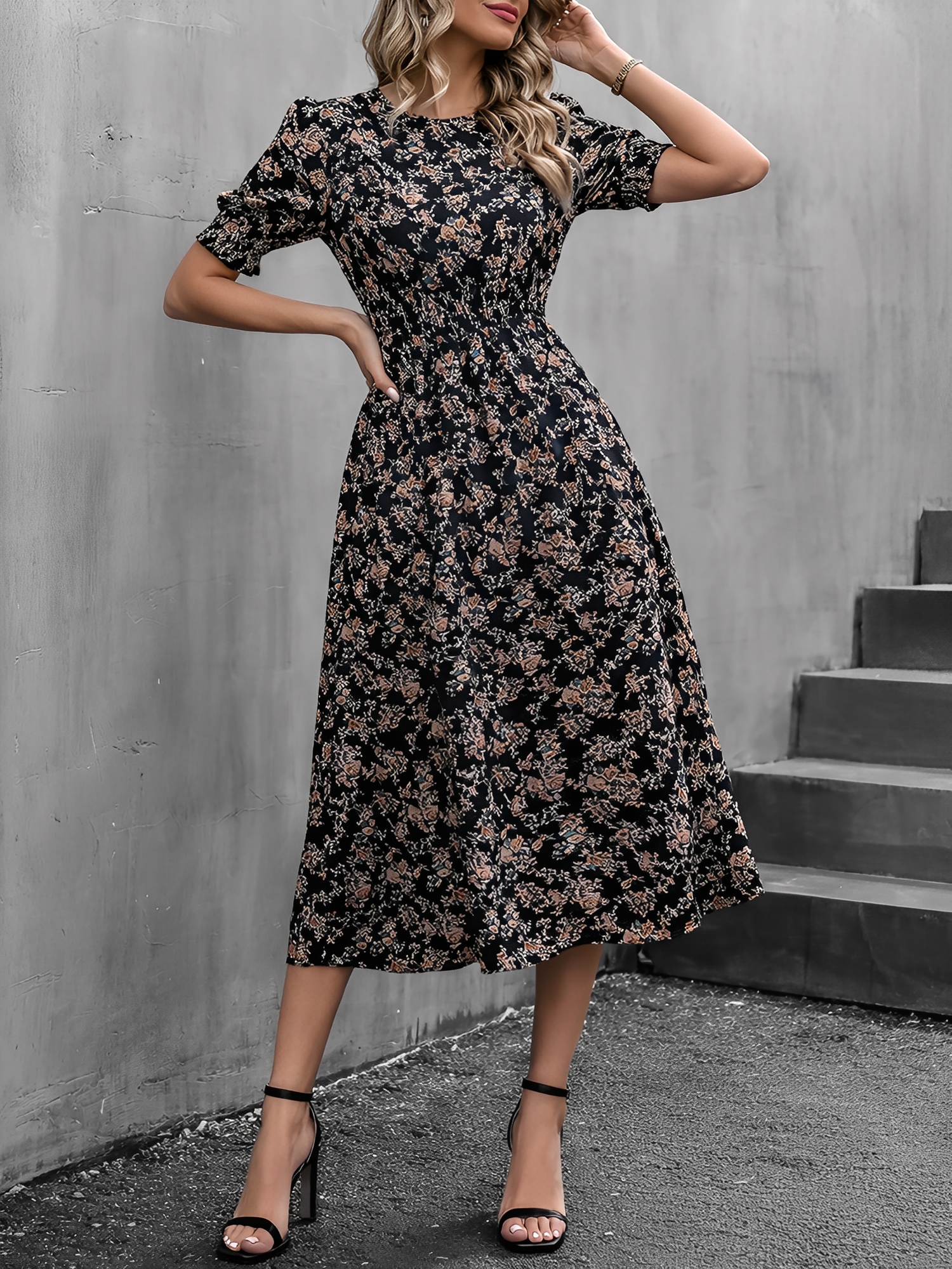 Floral Puff Sleeves Smocked Waist A-Line Midi Dress Black/L