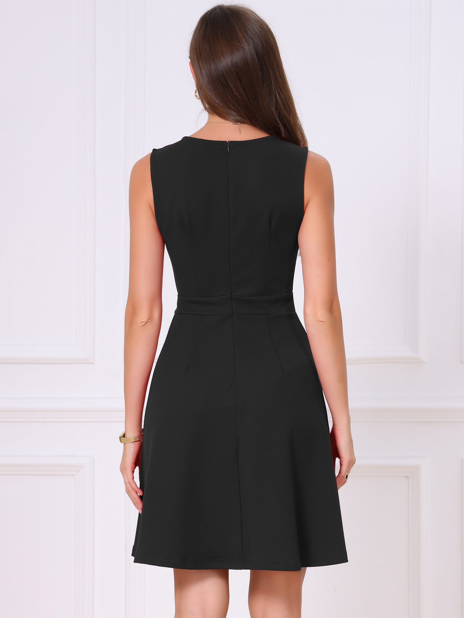 Sleeveless Work Crew Neck A Line Church Business Casual Dress Black/XL