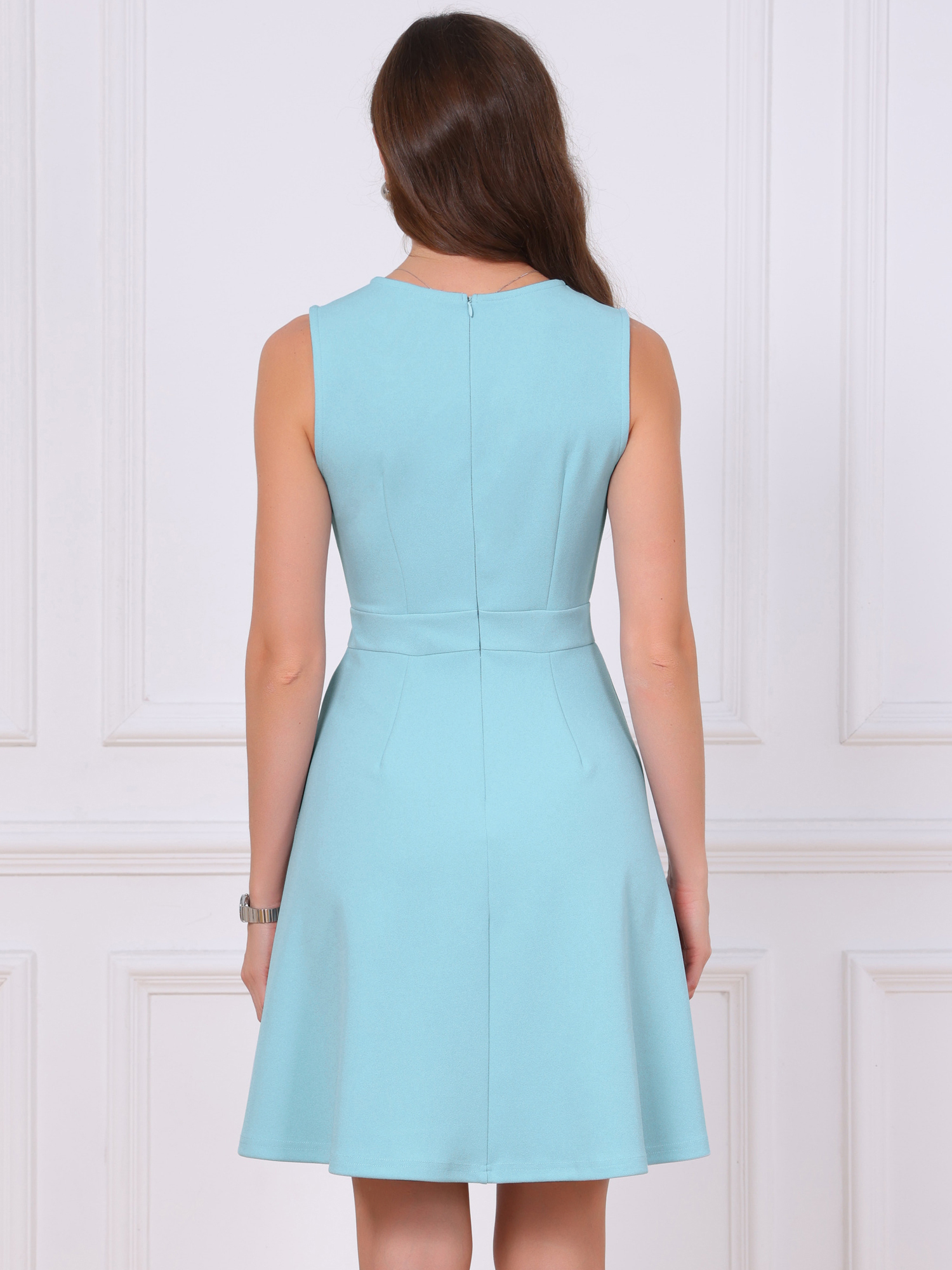 Sleeveless Work Crew Neck A Line Church Business Casual Dress Light Blue/XL