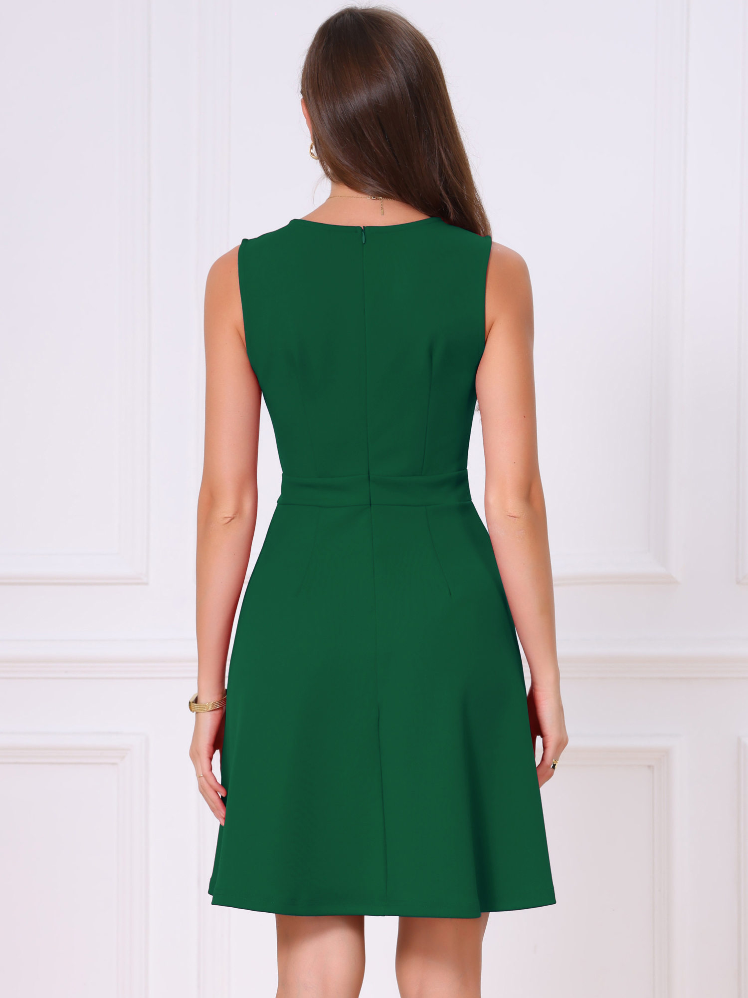 Sleeveless Work Crew Neck A Line Church Business Casual Dress Dark Green/XL