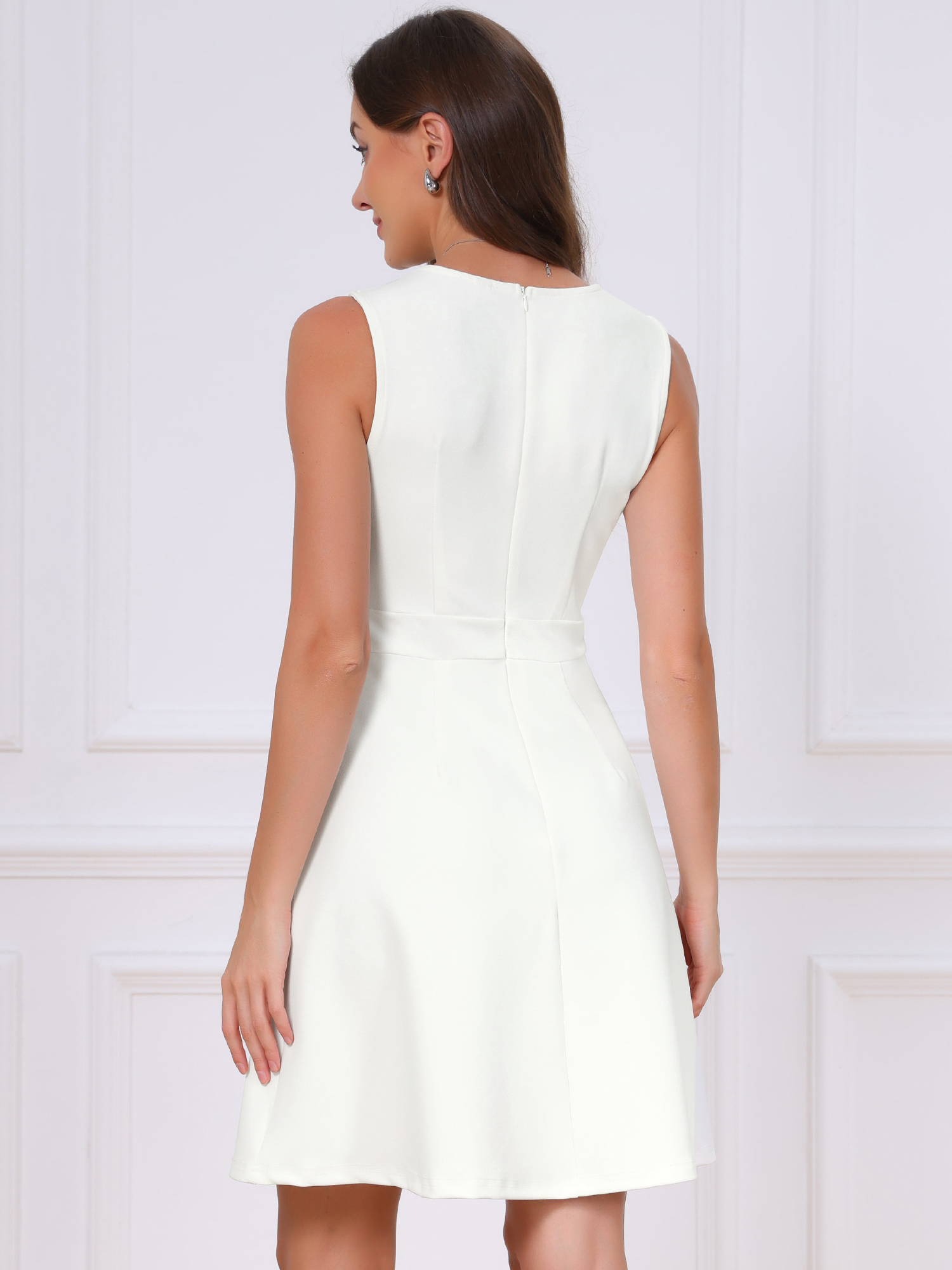 Sleeveless Work Crew Neck A Line Church Business Casual Dress Cream White/S