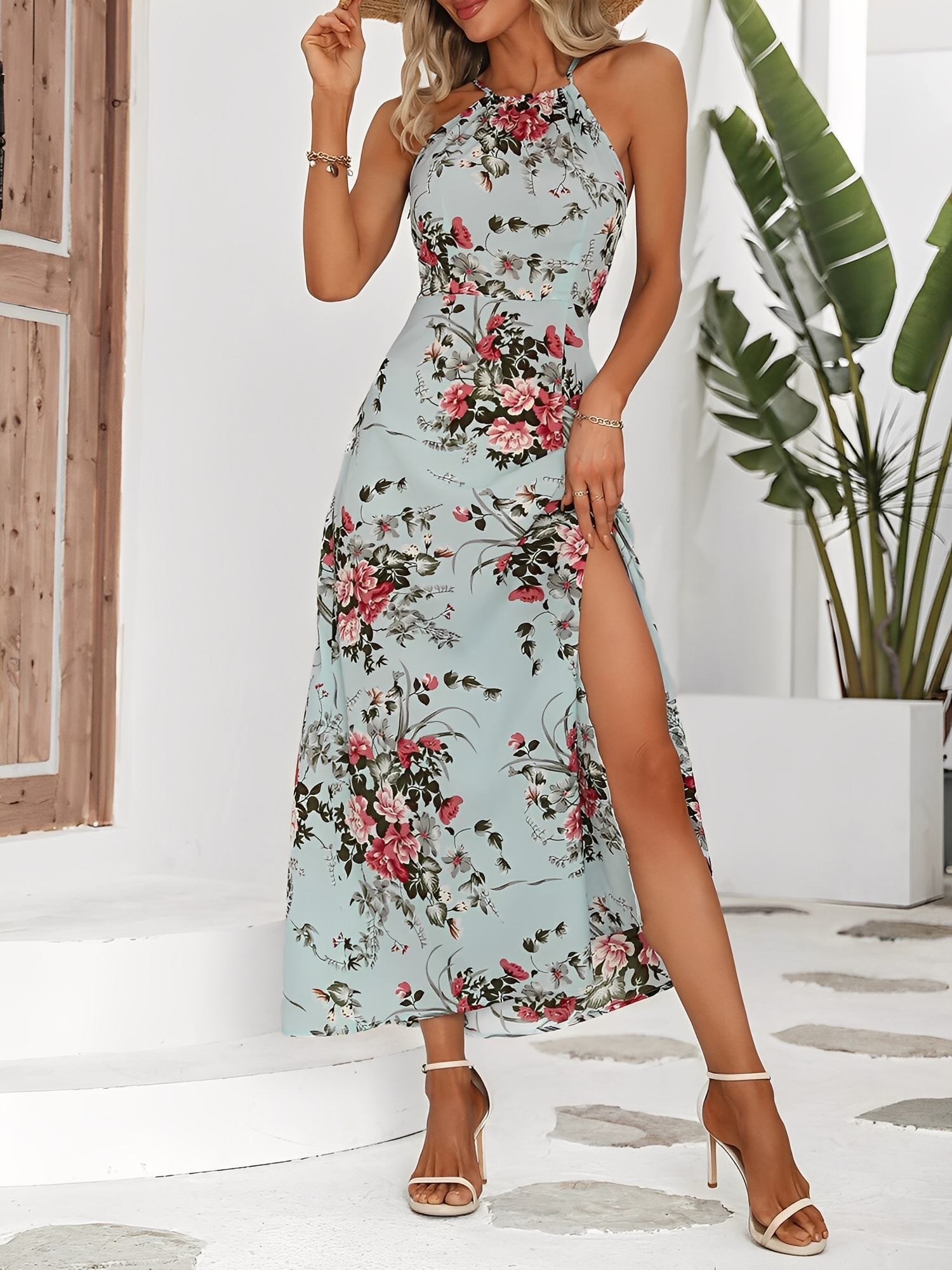 Vacation Floral Print Sleeveless Side Slit Maxi Dress Blue/S