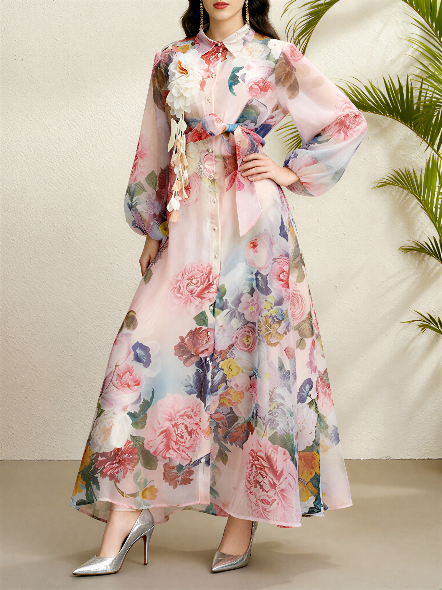 Detachale 3D Flower Lantern Sleeves Floral Print Maxi Dress Pink/M