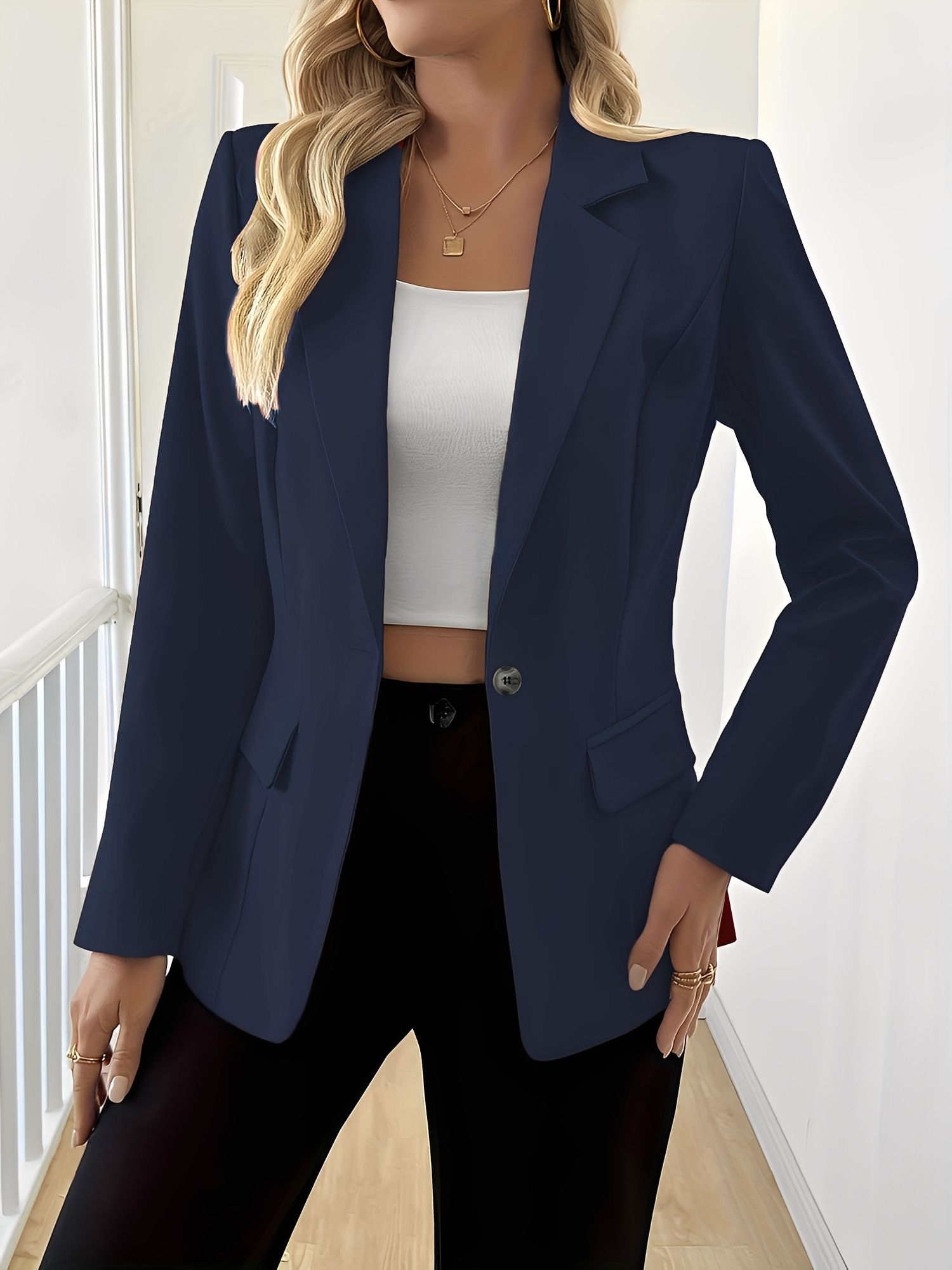 Solid Color Long Sleeve Single Button Blazer Navy Blue/XS