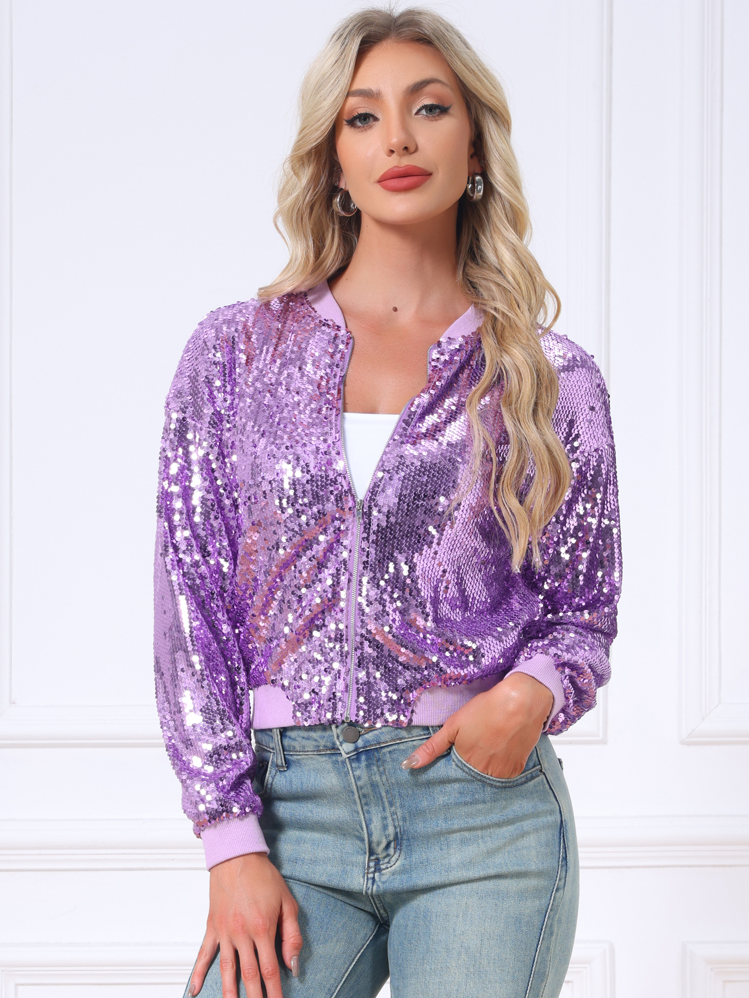 Sequin Sparkle Party Long Sleeve Zipper Bomber Jacket Light Purple/M