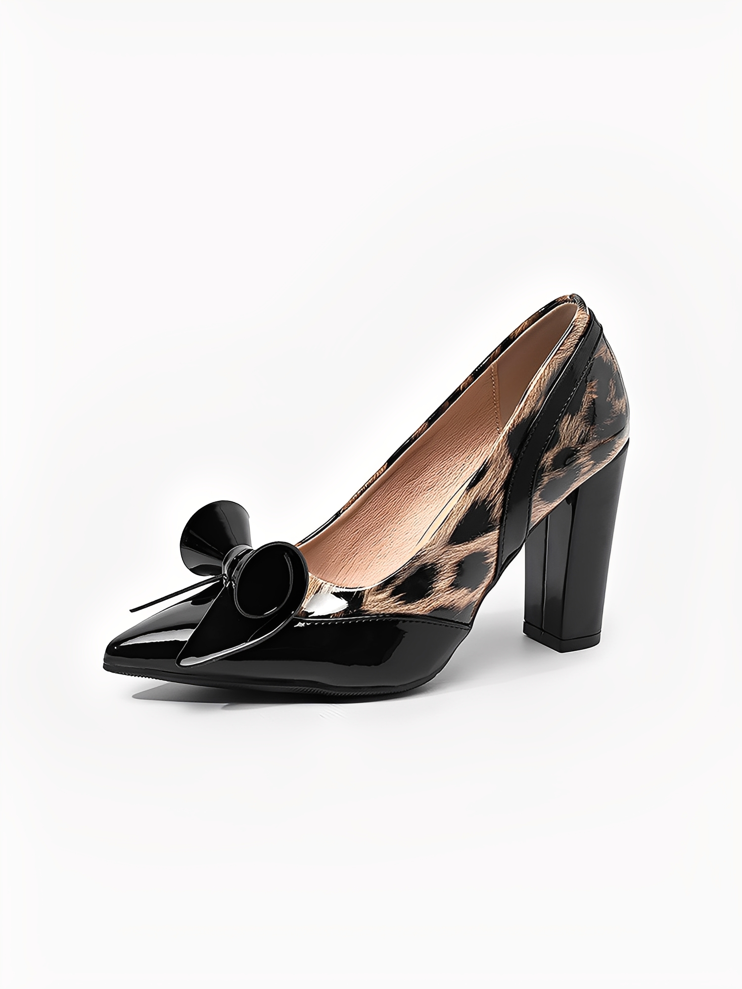 Chunky Heel Patent Leather Leopard Print Pointed Toe Pumps Apricot/8