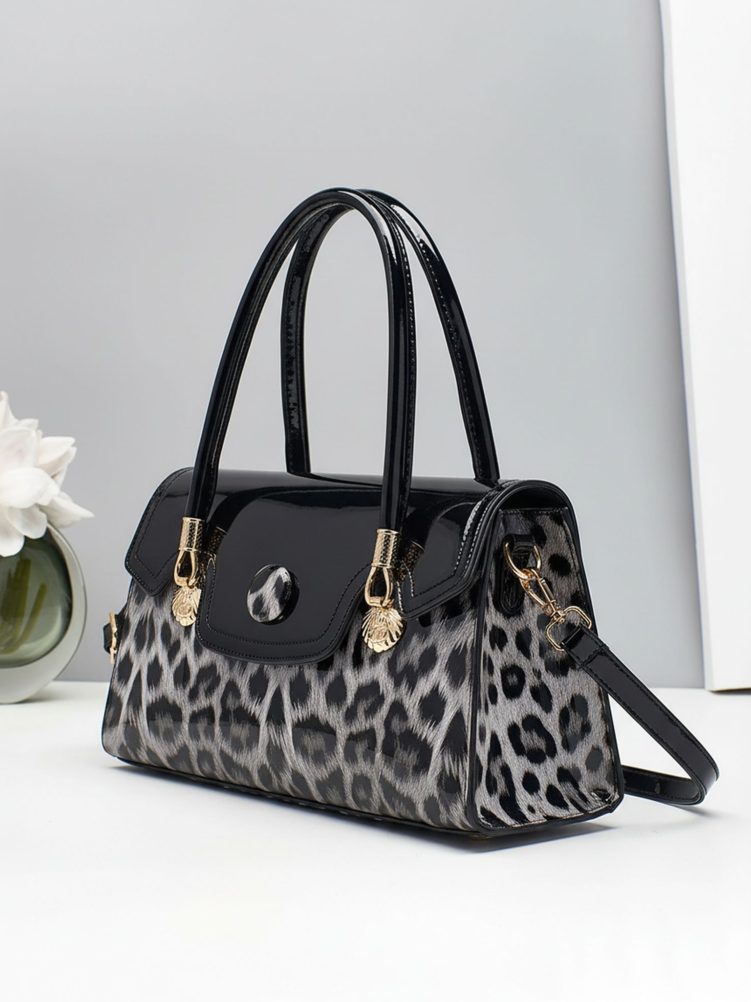 Versatile Leopard Print Handbag Tote Bag Crossbody Bag Black/M