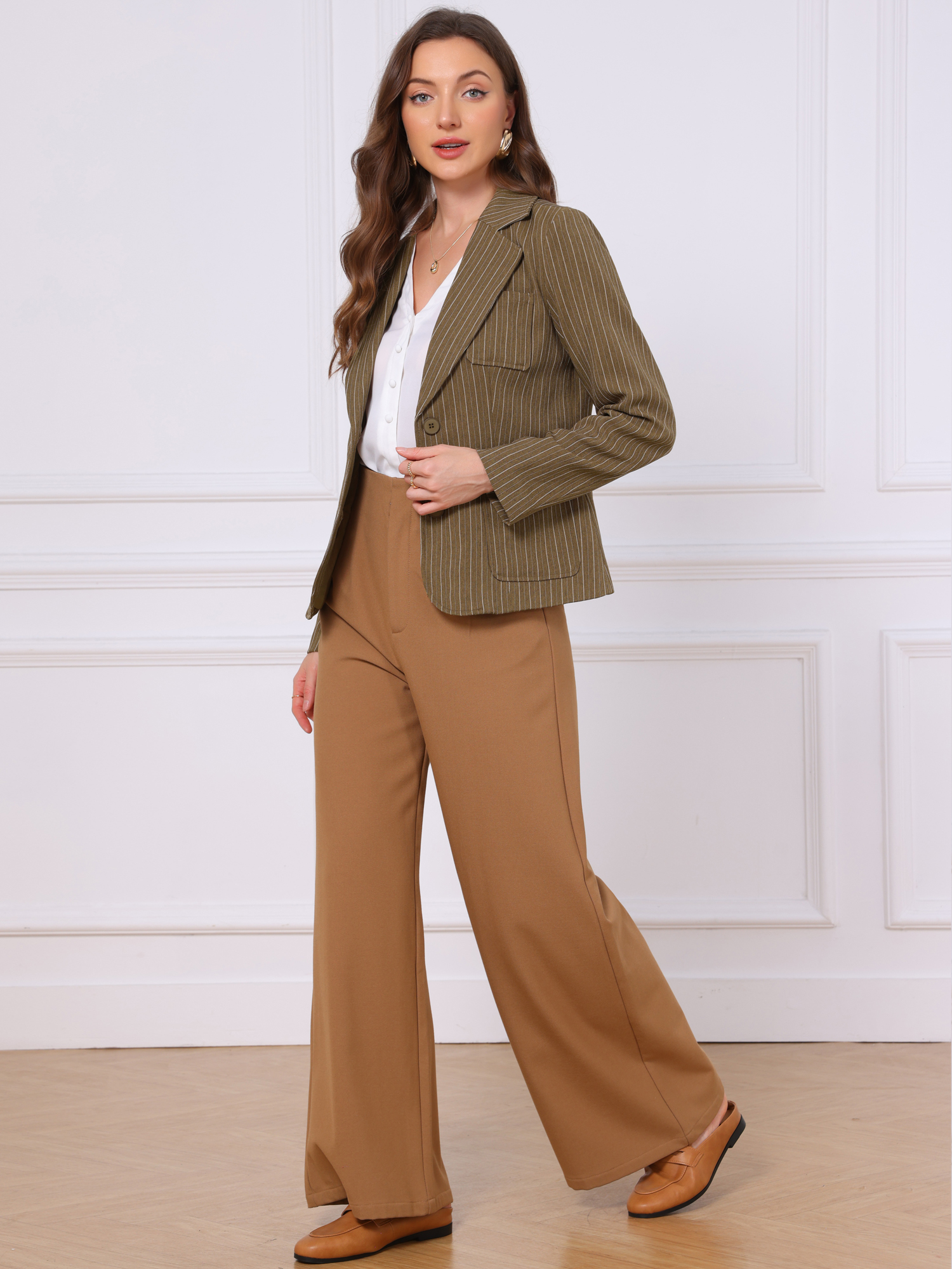 Pinstripe Notched Lapel Long Sleeve Office Work Blazers Dark Brown Stripes/S