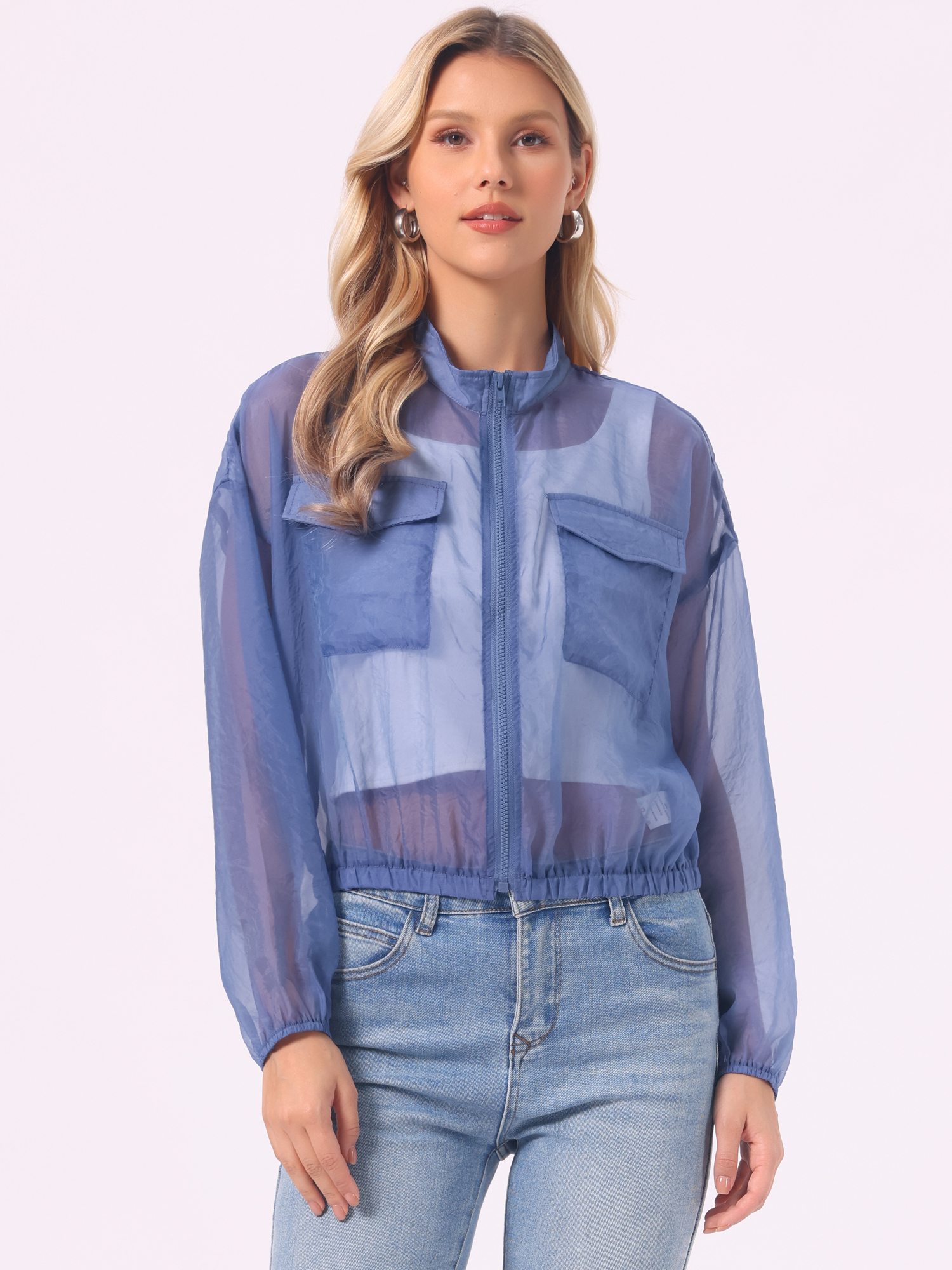 Sheer Zip Up Long Sleeve See Through Bomber Jacket Grey Blue/XL