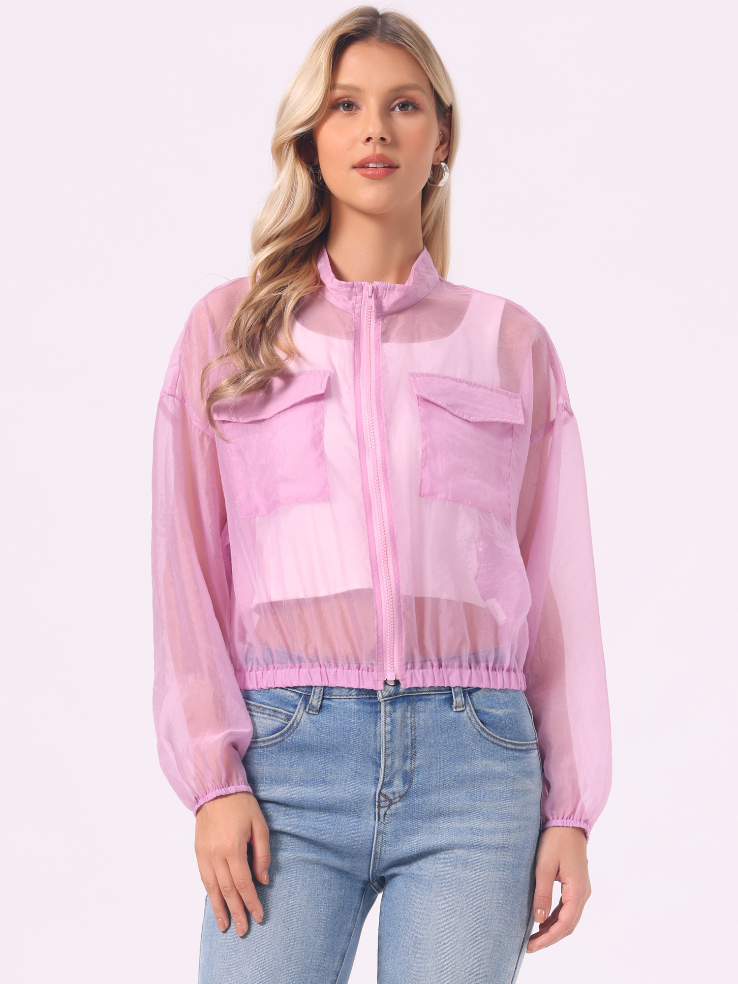 Sheer Zip Up Long Sleeve See Through Bomber Jacket Light Purple/XS