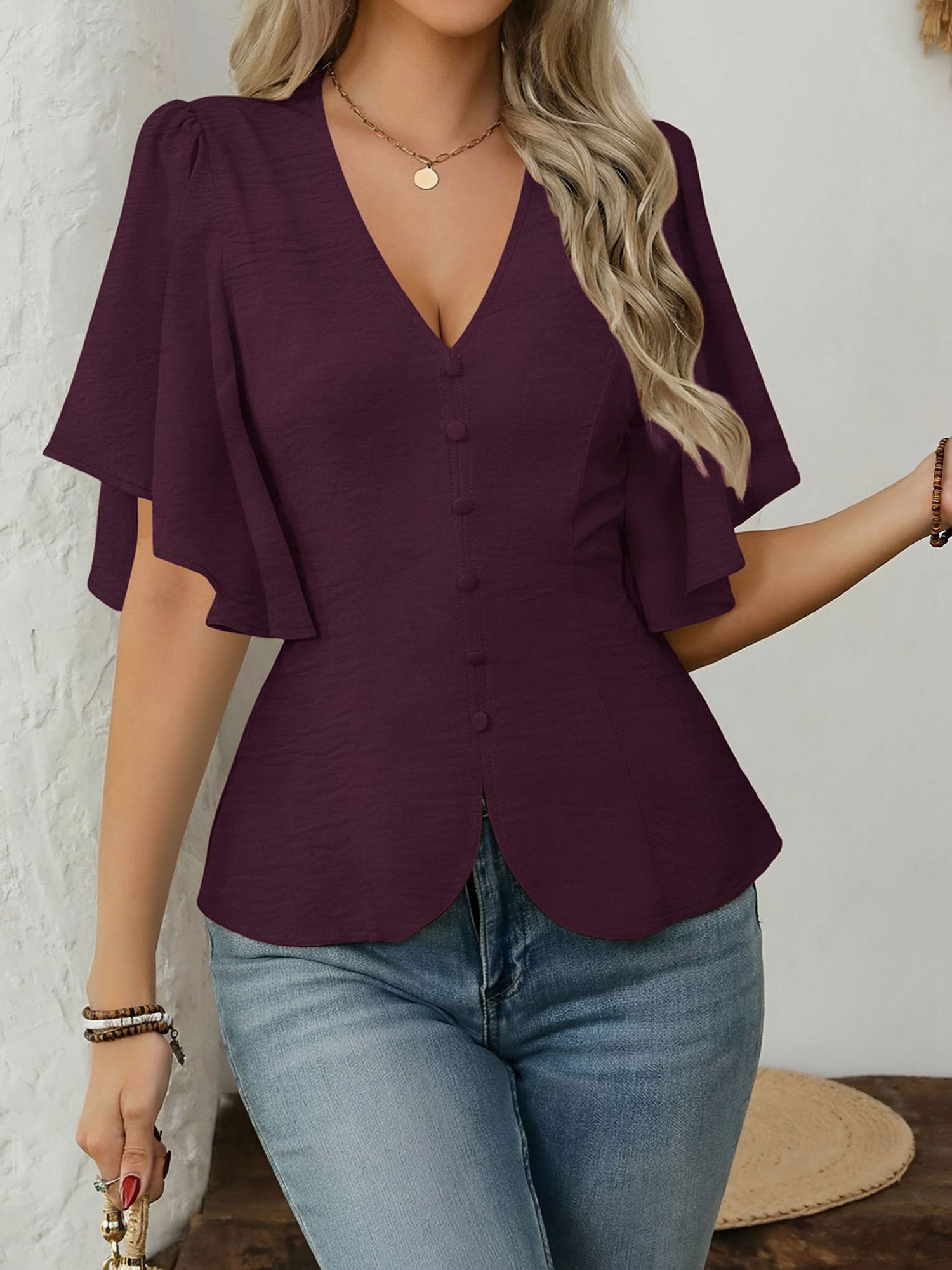 V-Neck Solid Color Flare Sleeve Casual Blouse Dark Red/S
