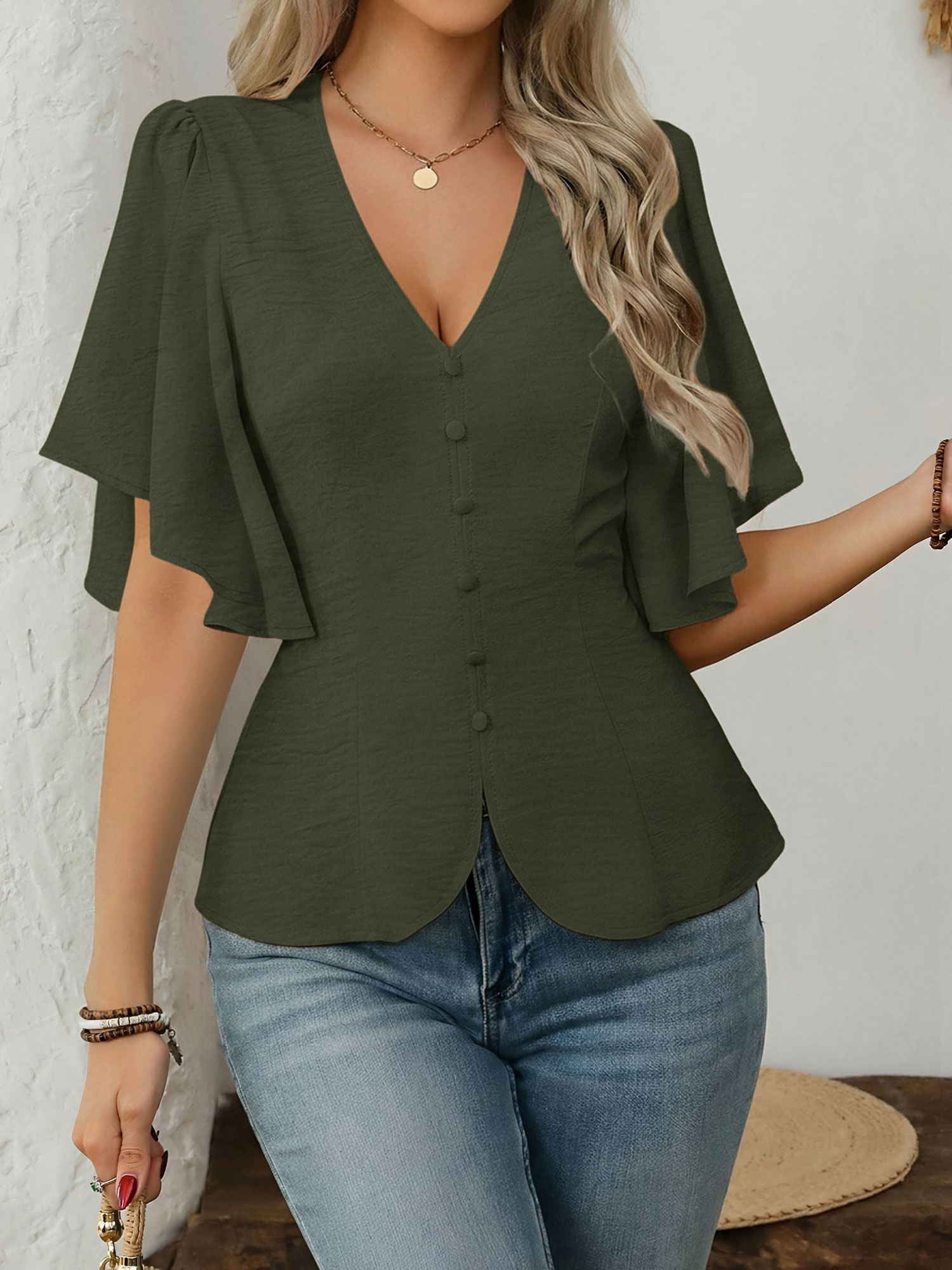 V-Neck Solid Color Flare Sleeve Casual Blouse Army Green/XL