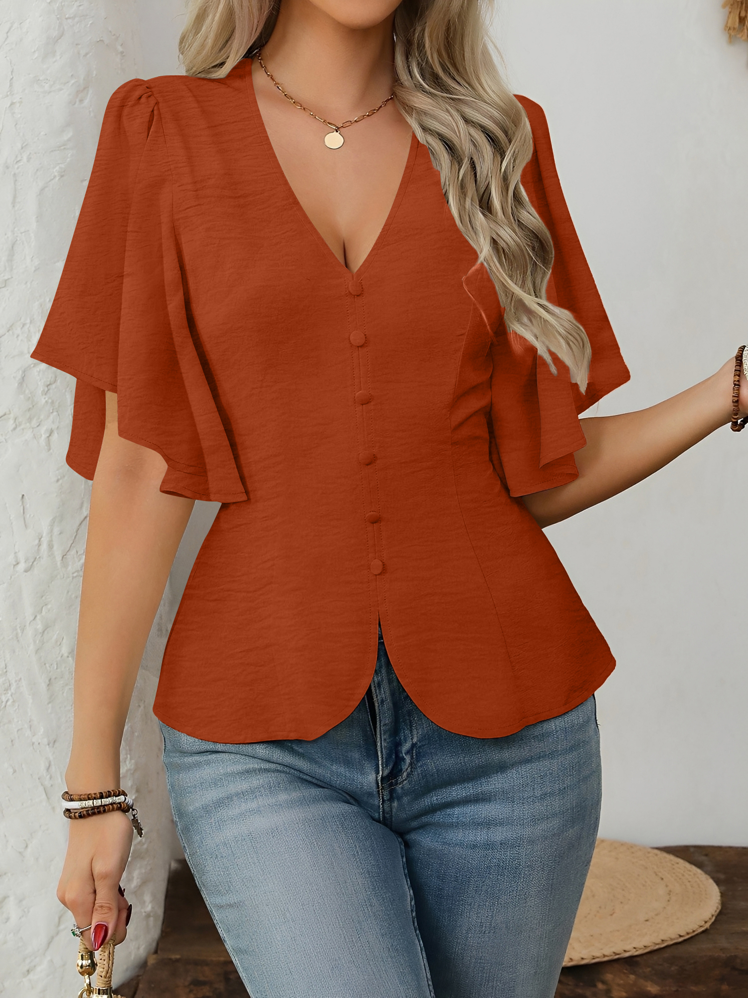 V-Neck Solid Color Flare Sleeve Casual Blouse Orange/L