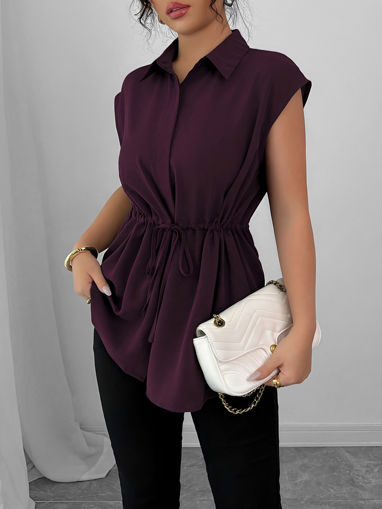 Collared Cap Sleeves Lace-Up Solid Color Blouse Dark Red/S