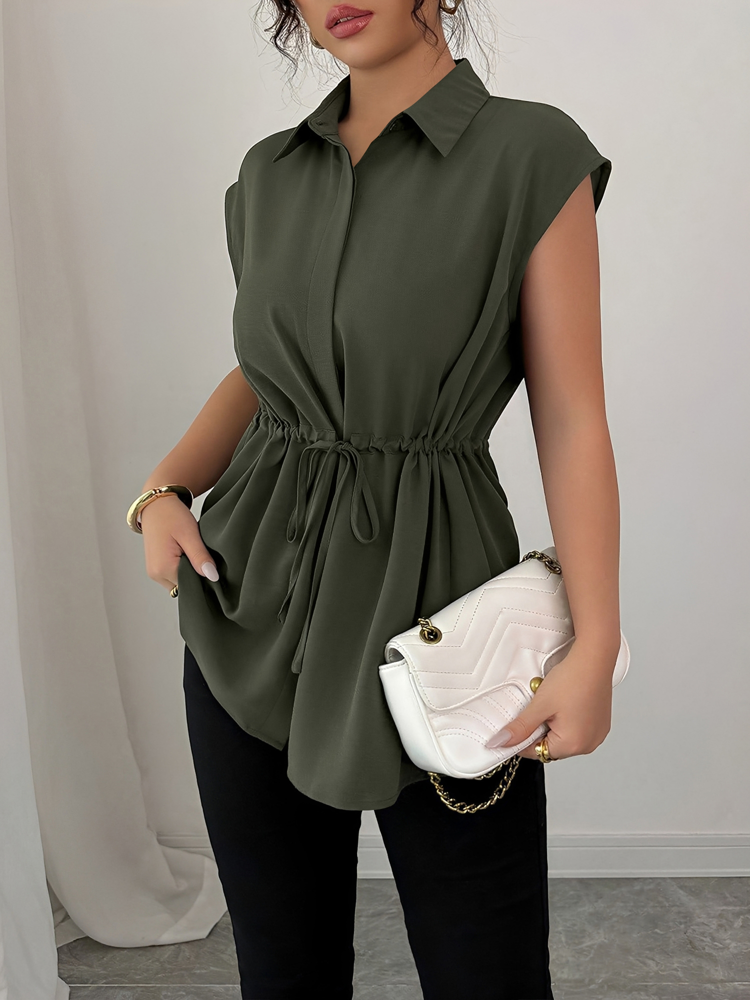 Collared Cap Sleeves Lace-Up Solid Color Blouse Army Green/2XL