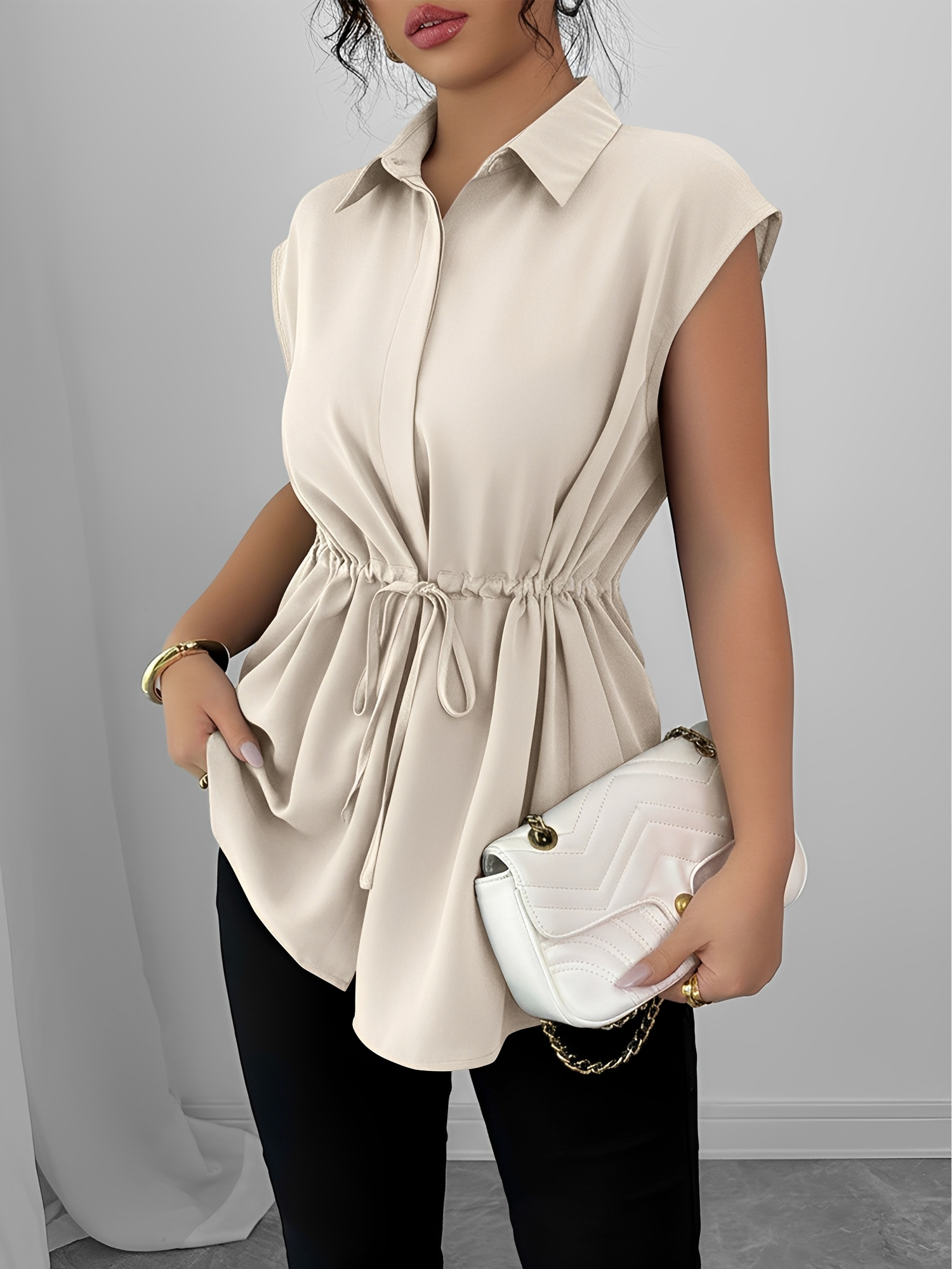 Collared Cap Sleeves Lace-Up Solid Color Blouse Apricot/XL