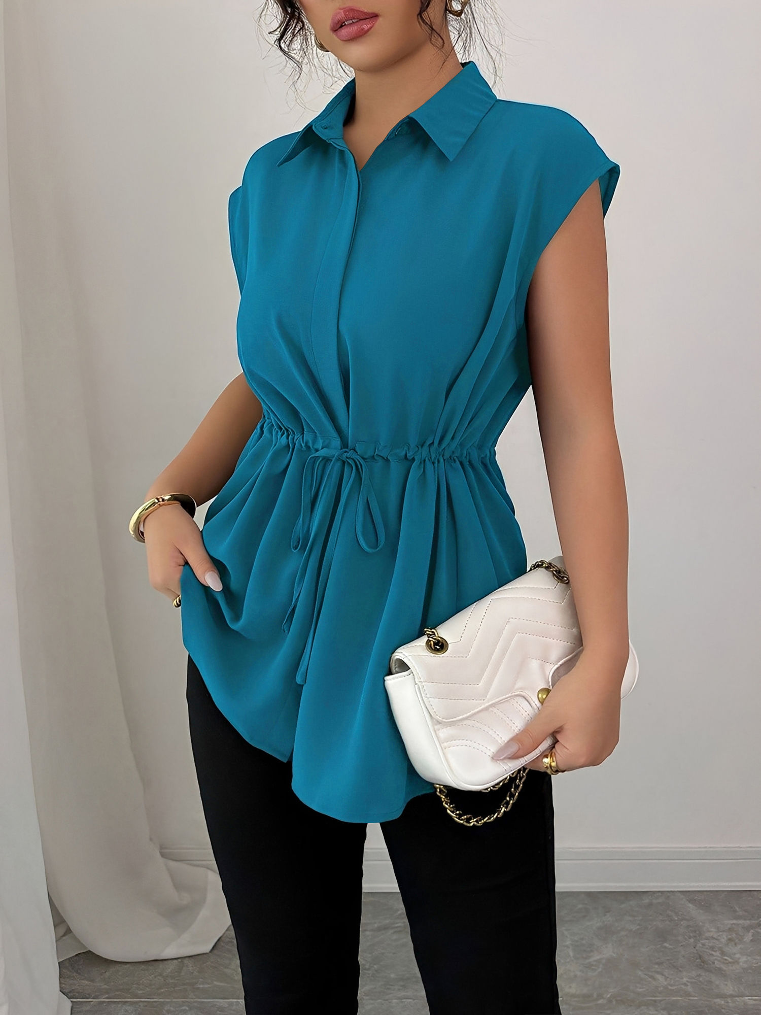 Collared Cap Sleeves Lace-Up Solid Color Blouse Dark Blue/S