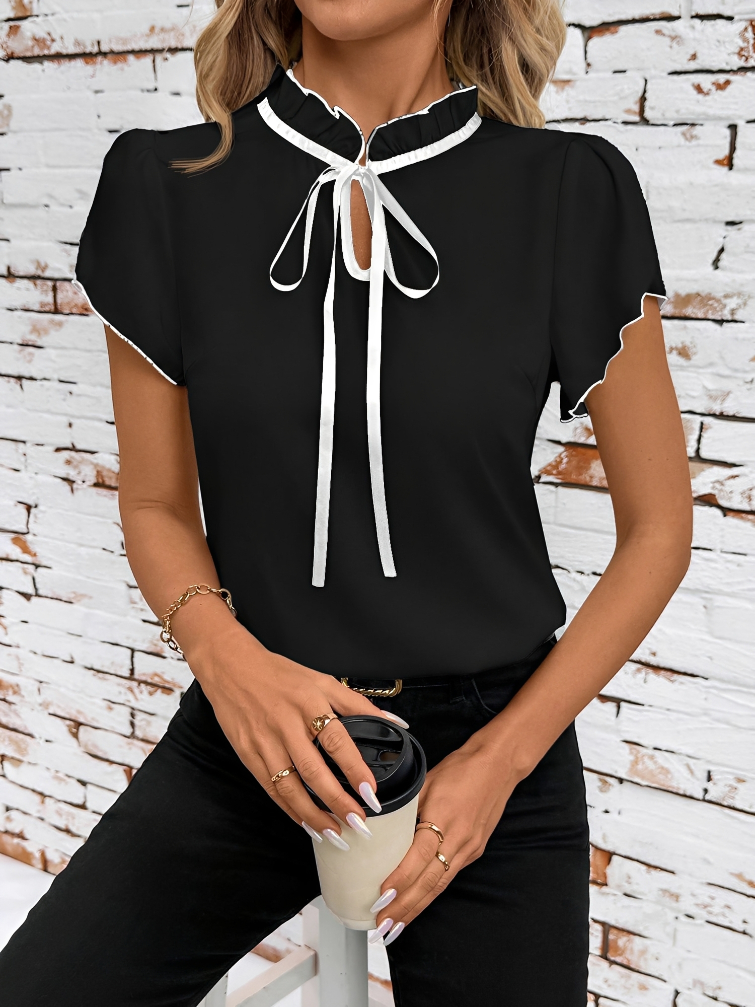Ruffled Neck Lace-Up Colorblock Short Sleeves Blouse Black/XL