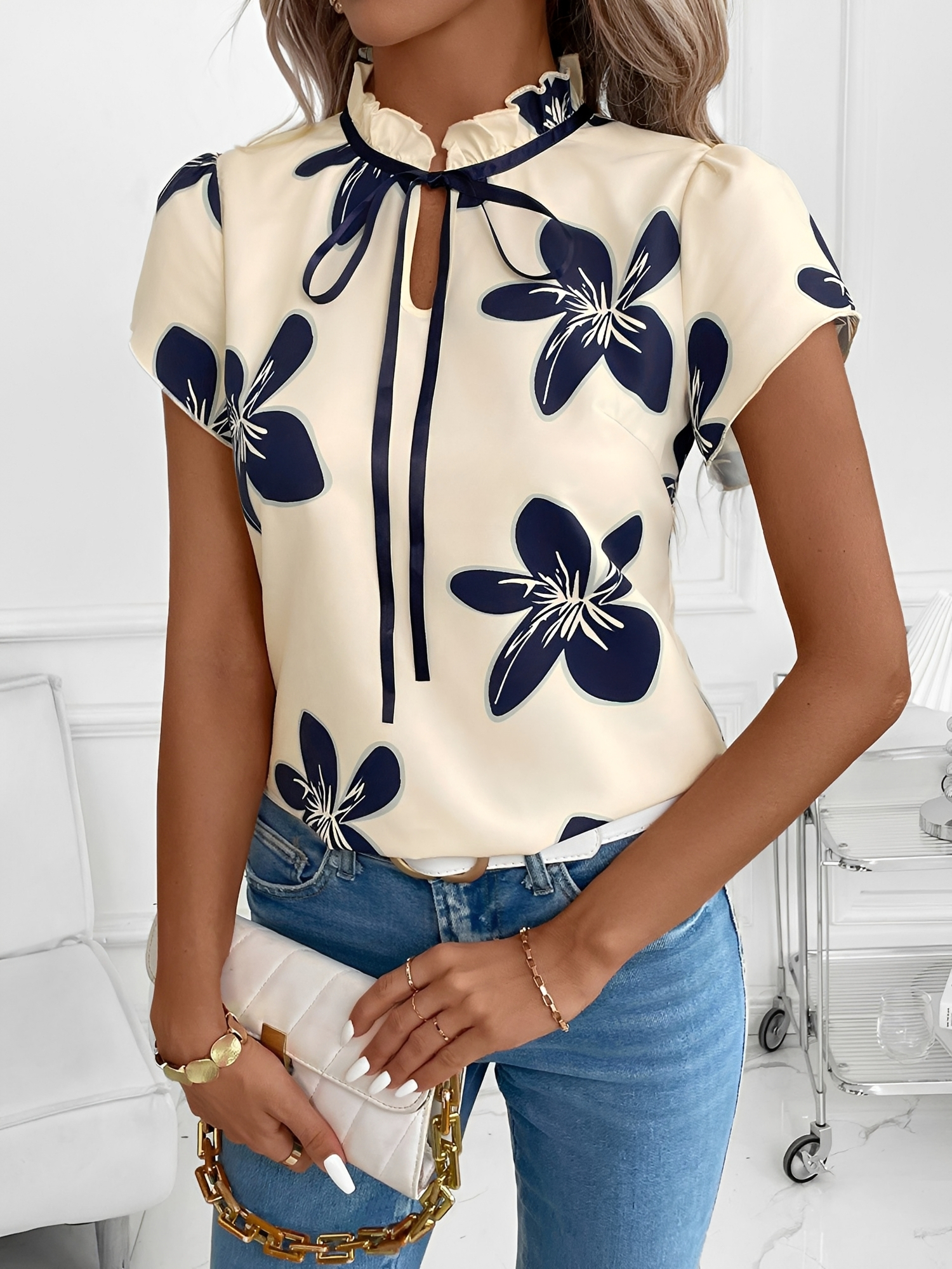 Ruffled Neck Lace-Up Floral Blouse Dark Blue/XL