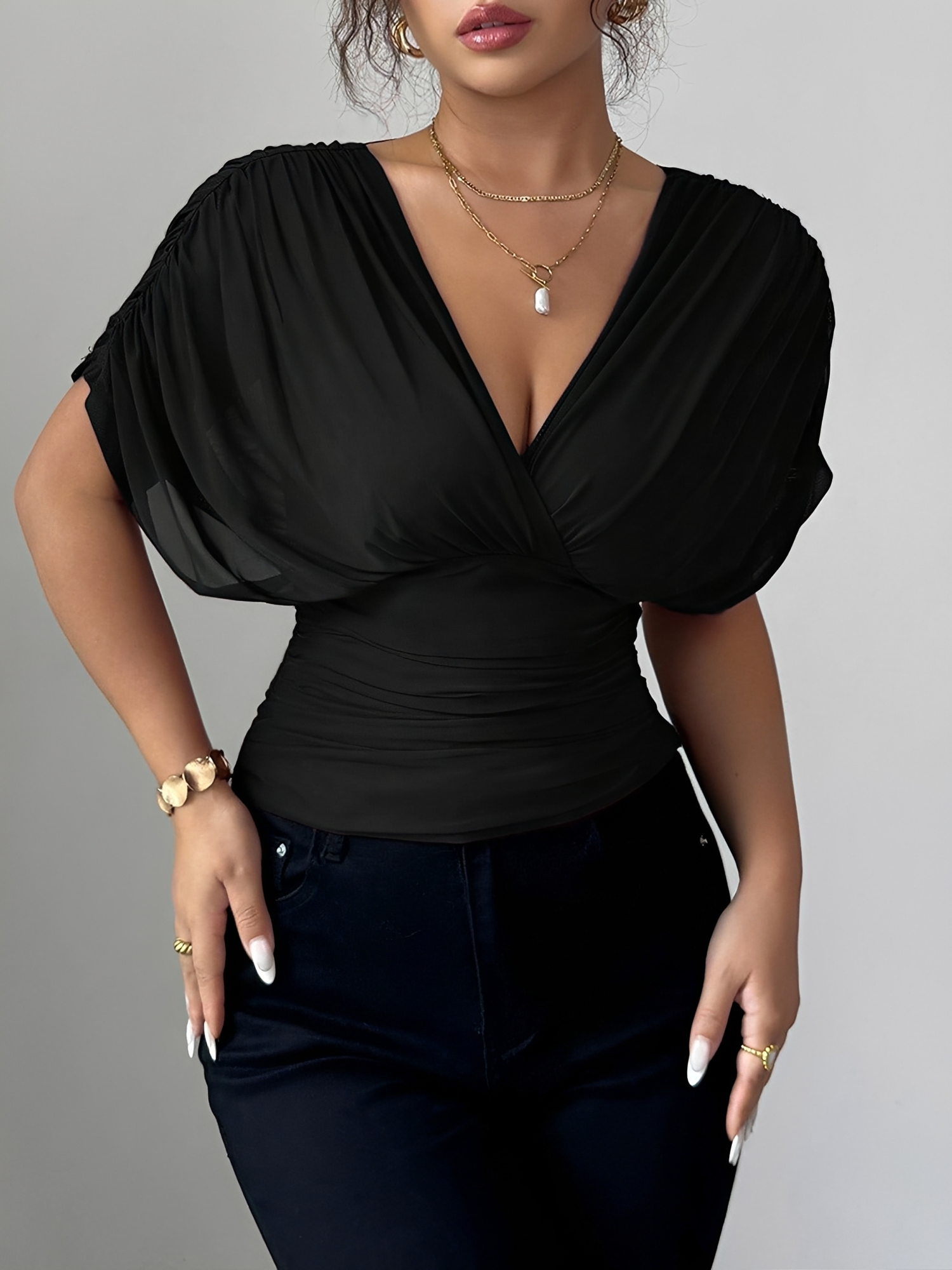 Ruched Smocked Waist Backless Lace-Up Blouse Black/M