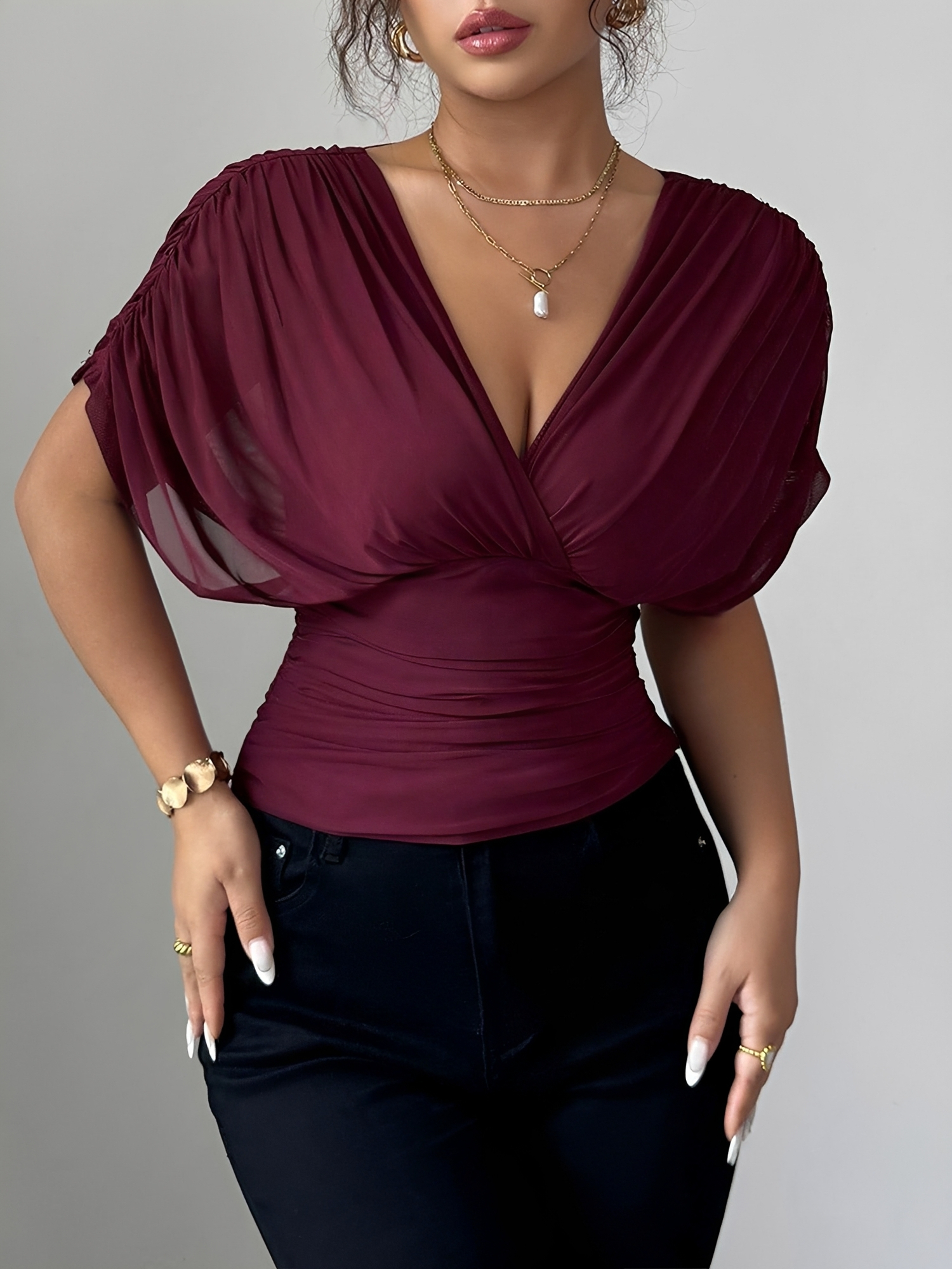 Ruched Smocked Waist Backless Lace-Up Blouse Burgundy/XS