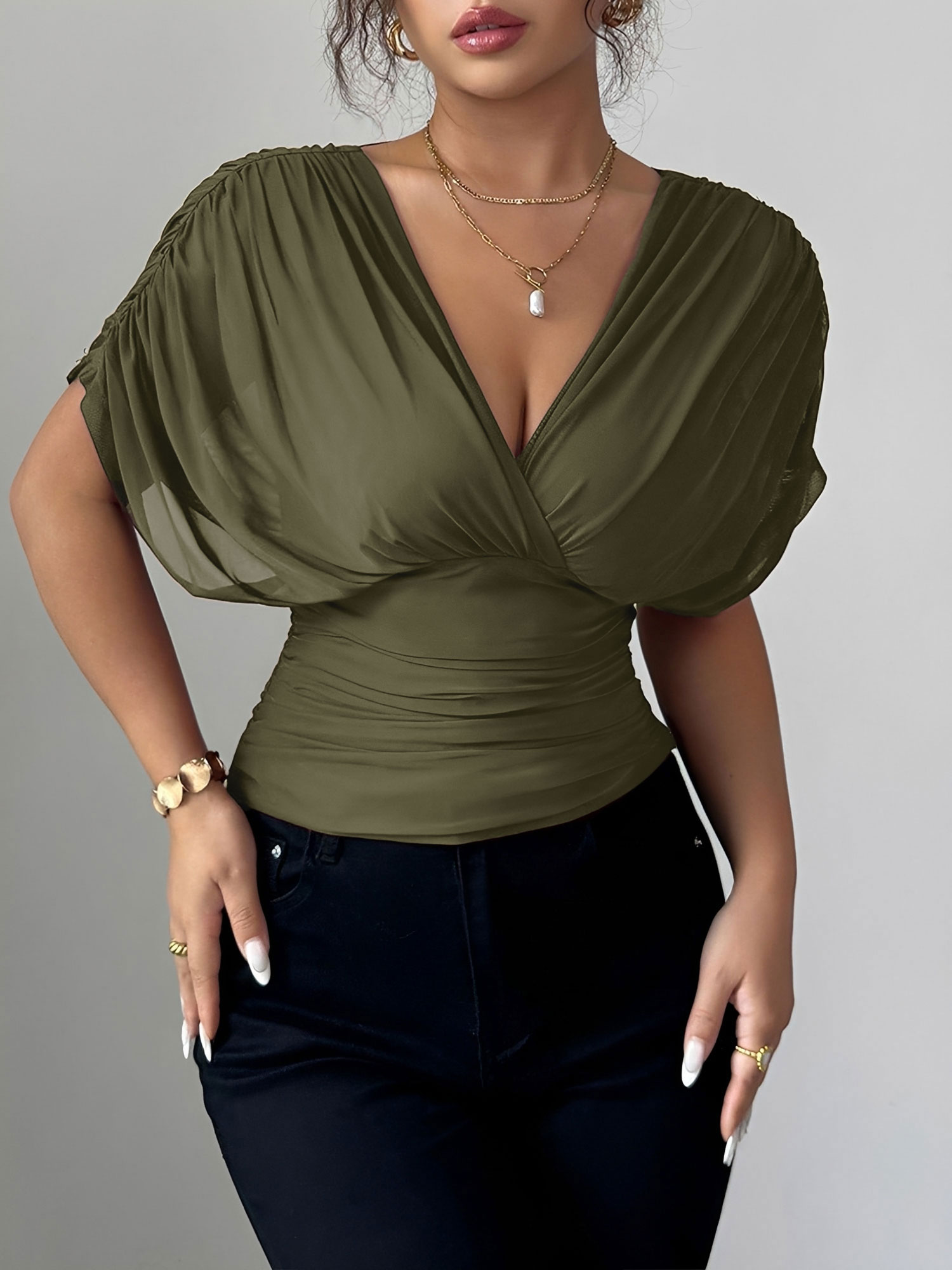 Ruched Smocked Waist Backless Lace-Up Blouse Army Green/M