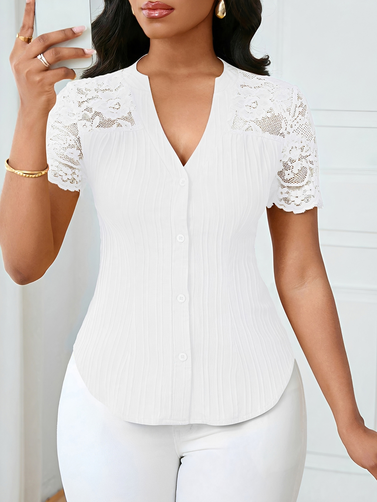 Lace Patchwork Short Sleeves Casual Blouse White/XS