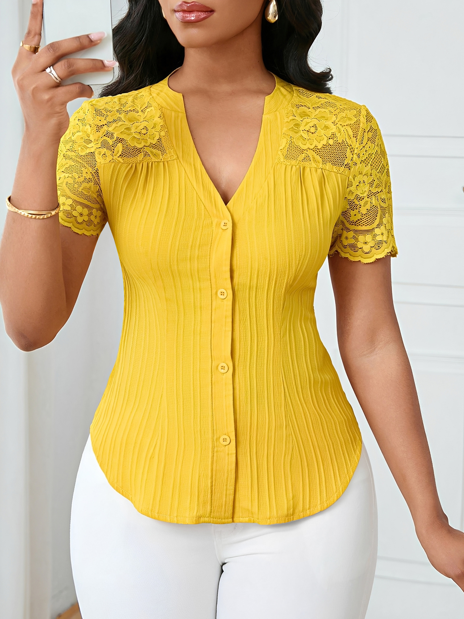 Lace Patchwork Short Sleeves Casual Blouse Yellow/XL