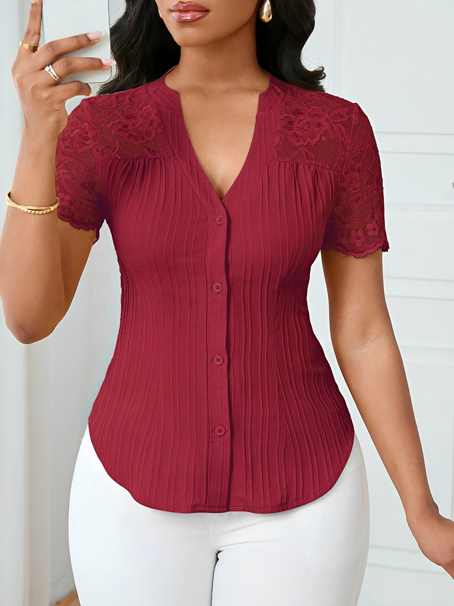 Lace Patchwork Short Sleeves Casual Blouse Burgundy/XL