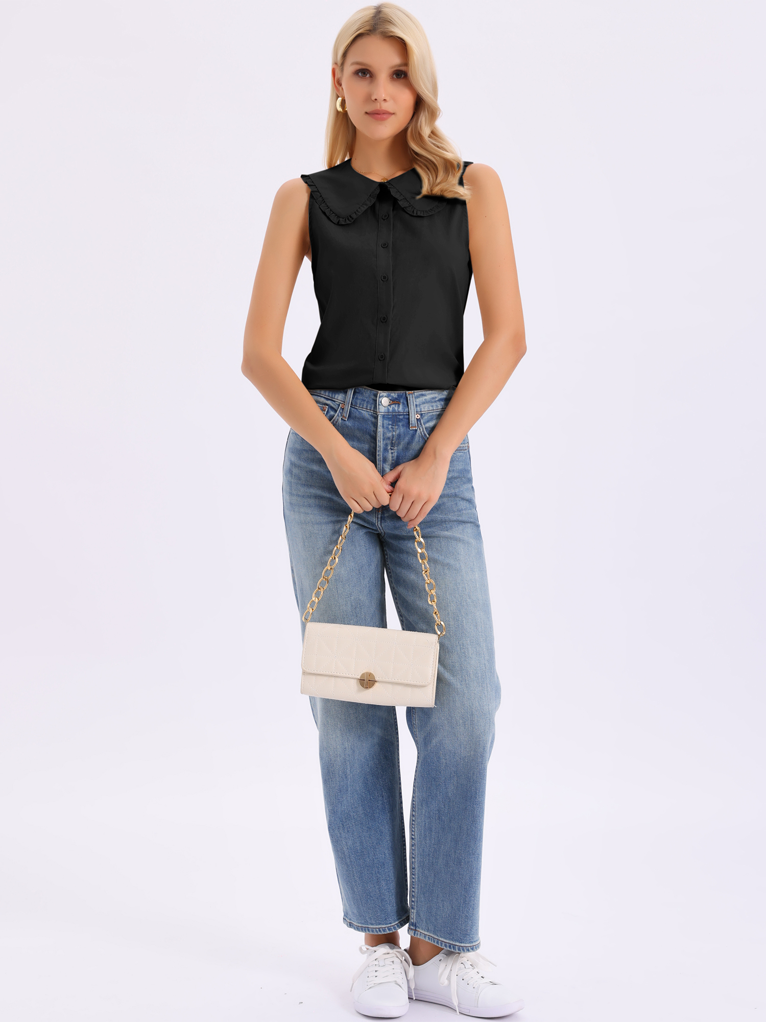 Ruffled Peter Pan Collar Sleeveless Button Down Blouse Black/L