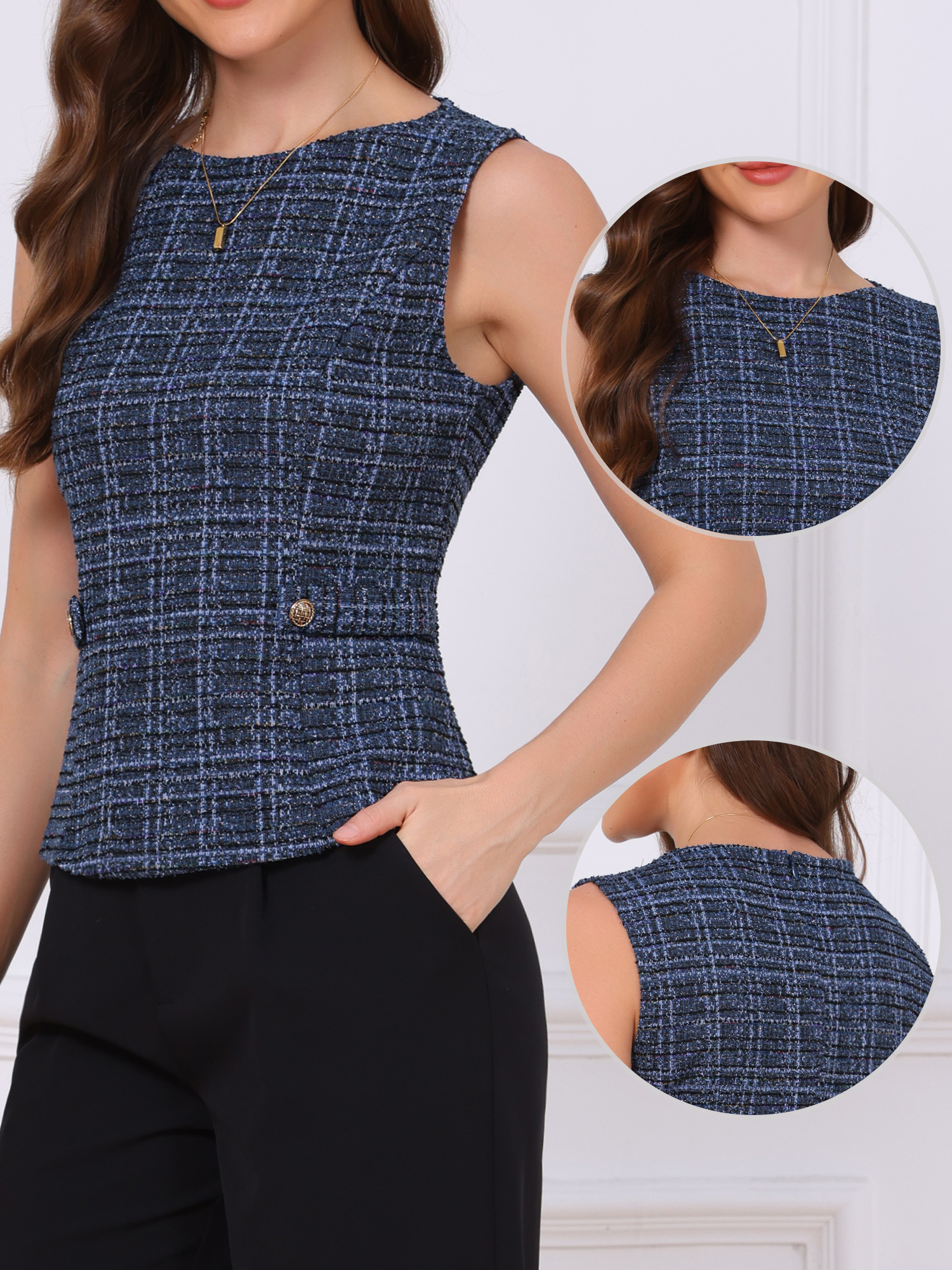 Tweed Plaid Sleeveless Crew Neck Buckle Decor Blouse Navy Blue/XS