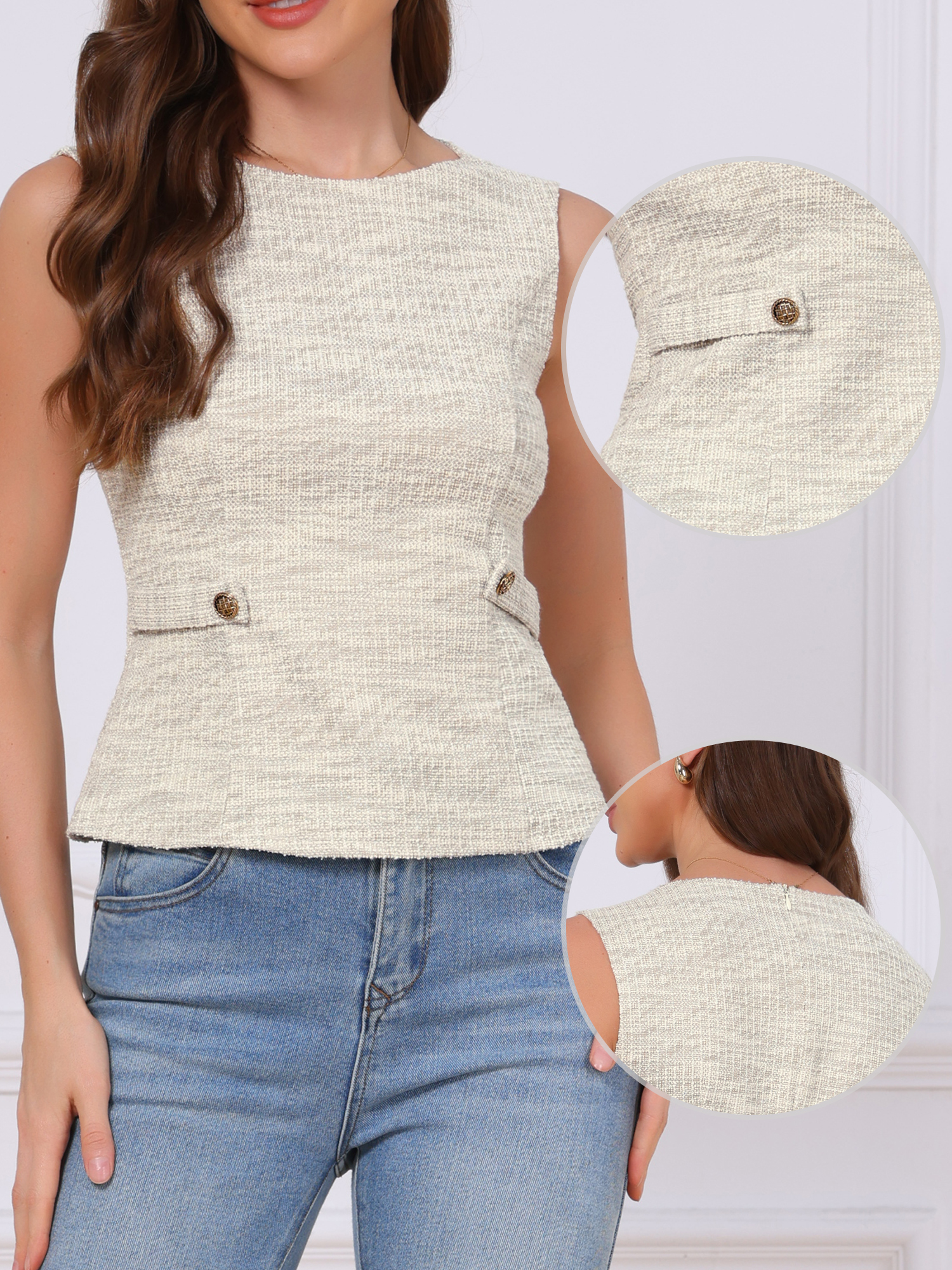 Tweed Plaid Sleeveless Crew Neck Buckle Decor Blouse Apricot/XS
