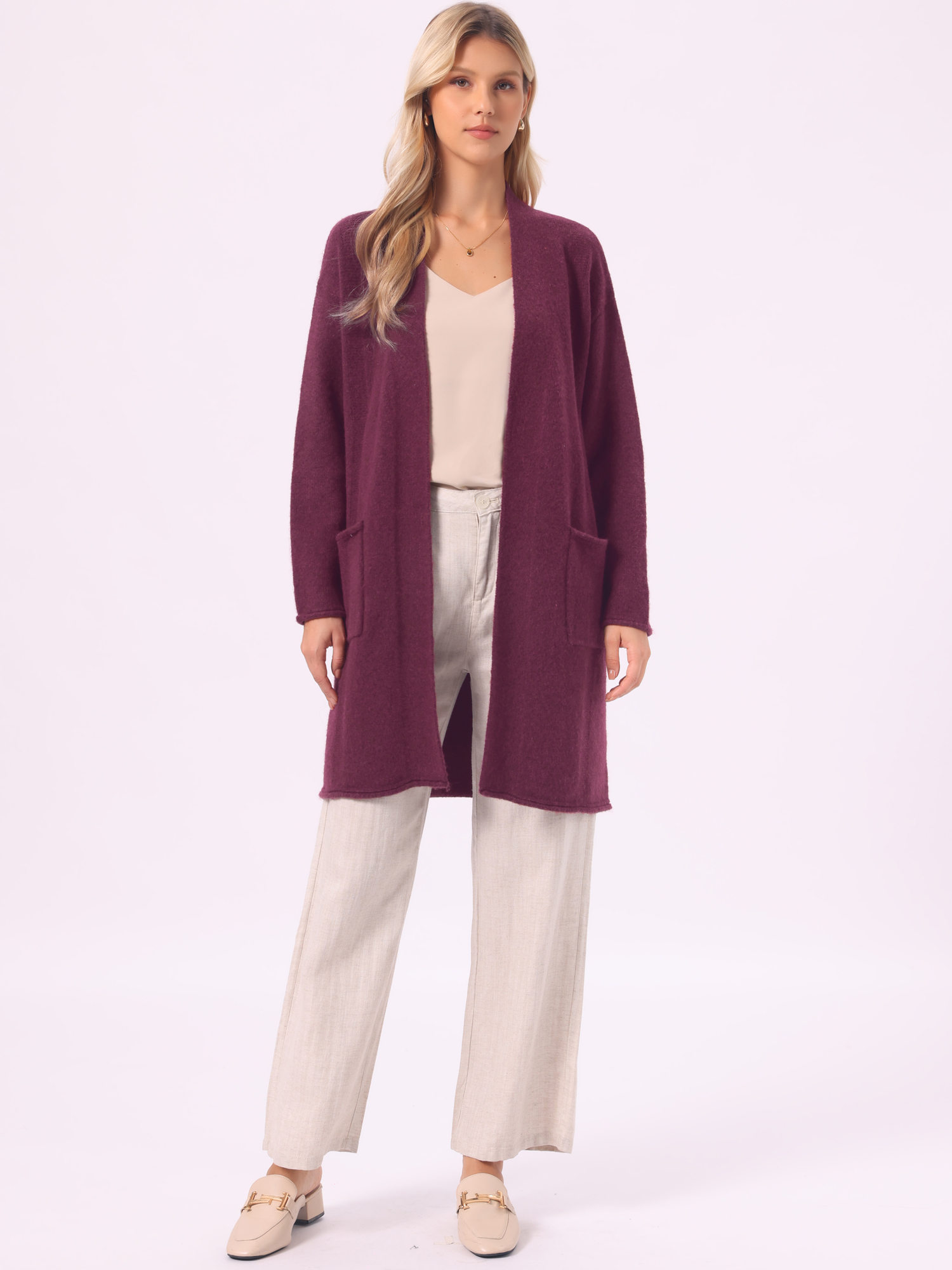 Open Front Long Sleeve Casual Knitted Pockets Cardigans Red/XS