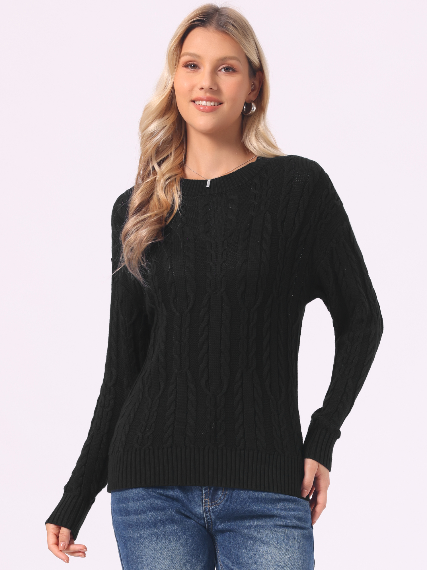 Round Neck Drop-Shoulder Long Sleeve Cable Knit Sweater Black/XL