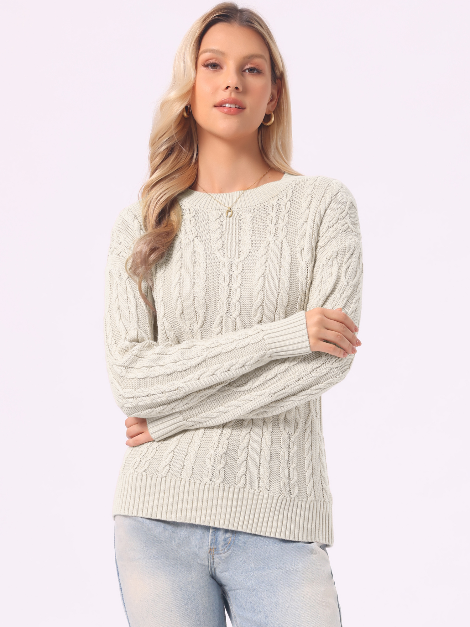 Round Neck Drop-Shoulder Long Sleeve Cable Knit Sweater Apricot/S