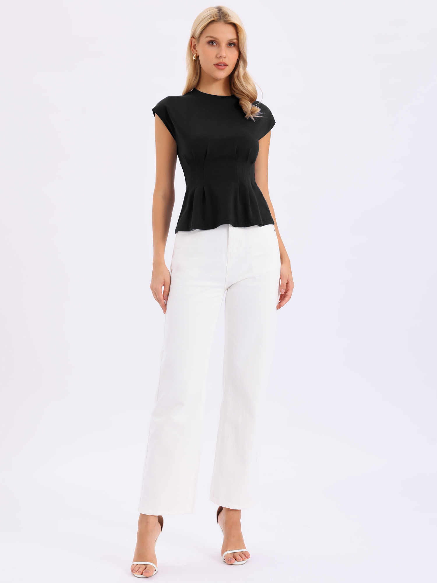Allegra – Cotton Cap Sleeve Crew Neck Business Work Peplum Blouse Black/XL