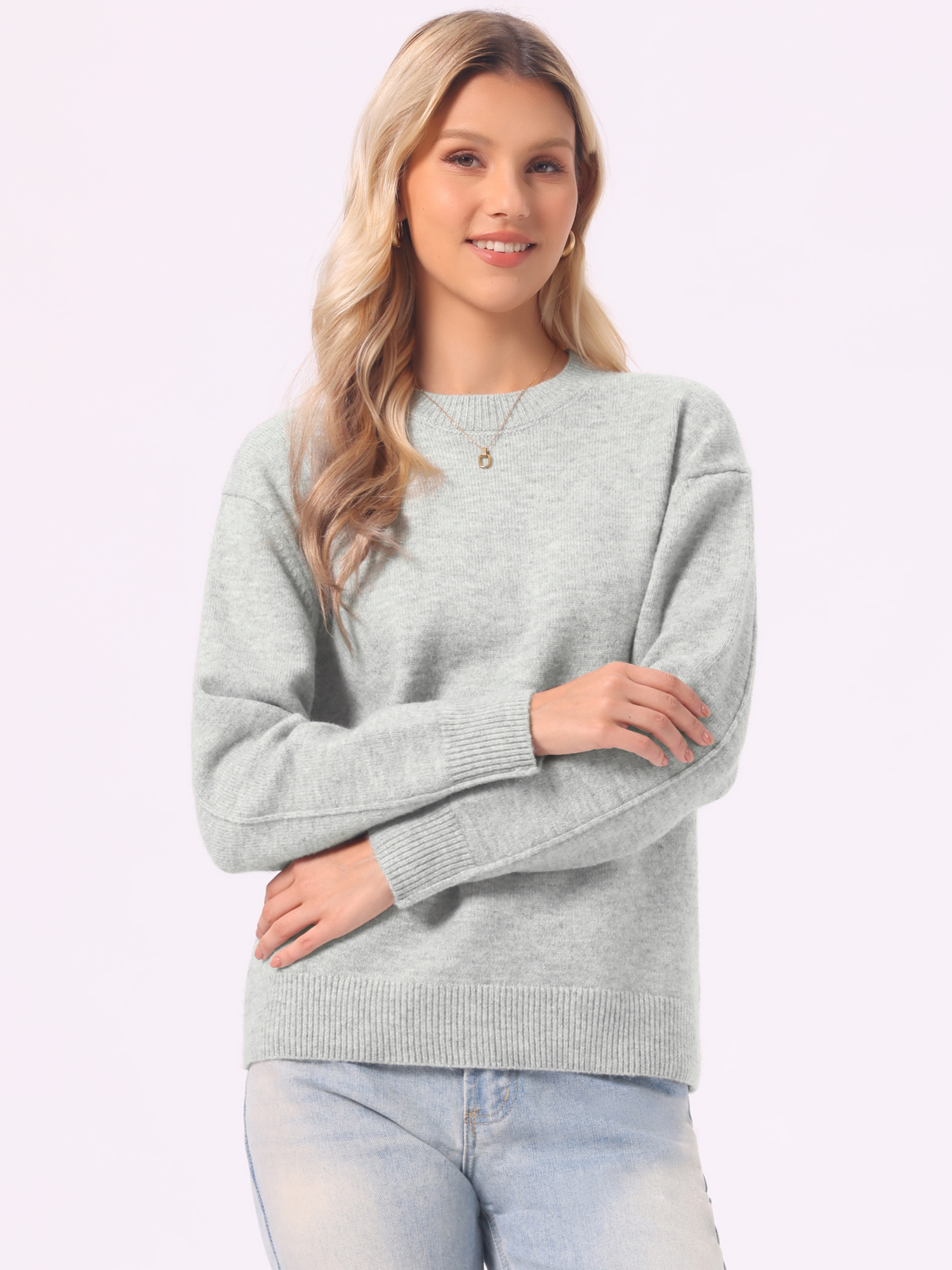 Crew Neck Casual Knit Pullover Long Sleeve Sweater Light Grey/L