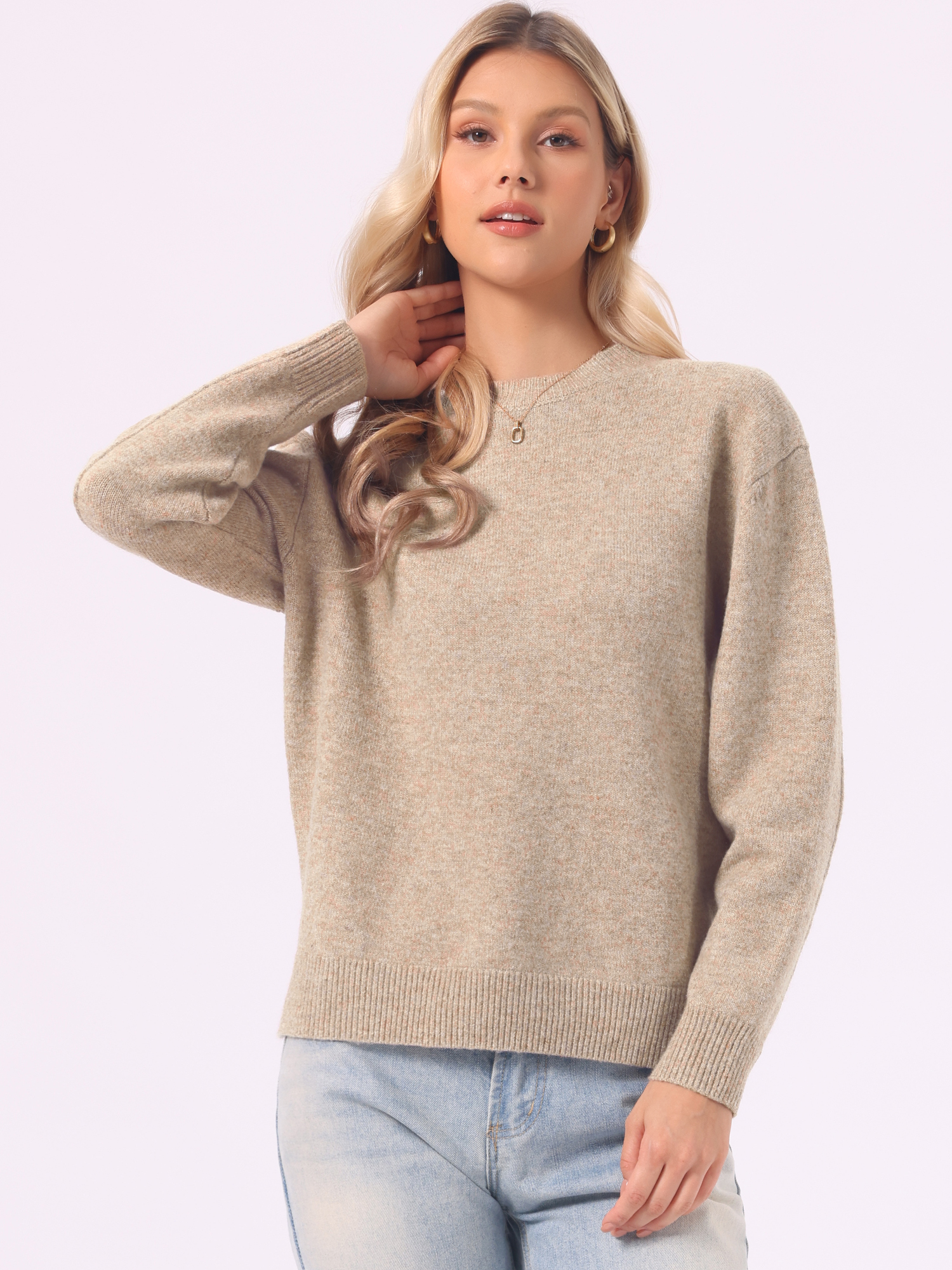 Crew Neck Casual Knit Pullover Long Sleeve Sweater Khaki/S