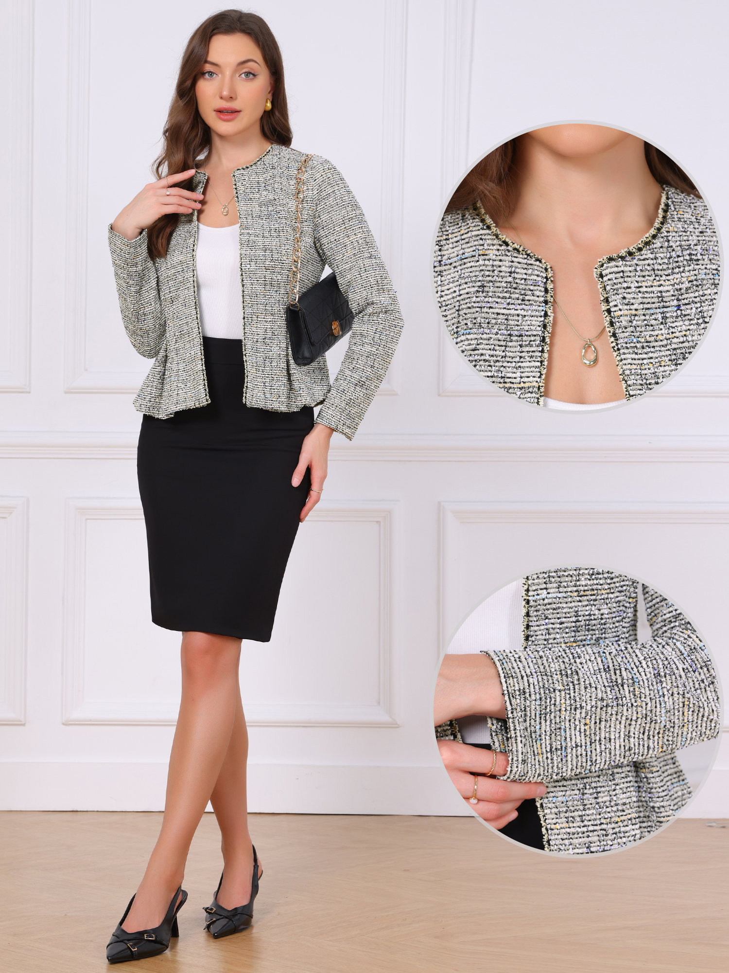 Tweed Collarless Long Sleeve Open Front Jacket Apricot/M
