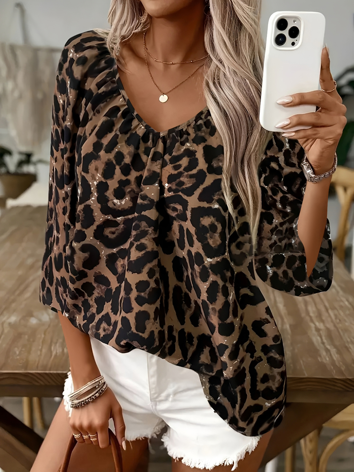 Leopard Print 3/4 Sleeves V Neck Blouse Brown Leopard/L