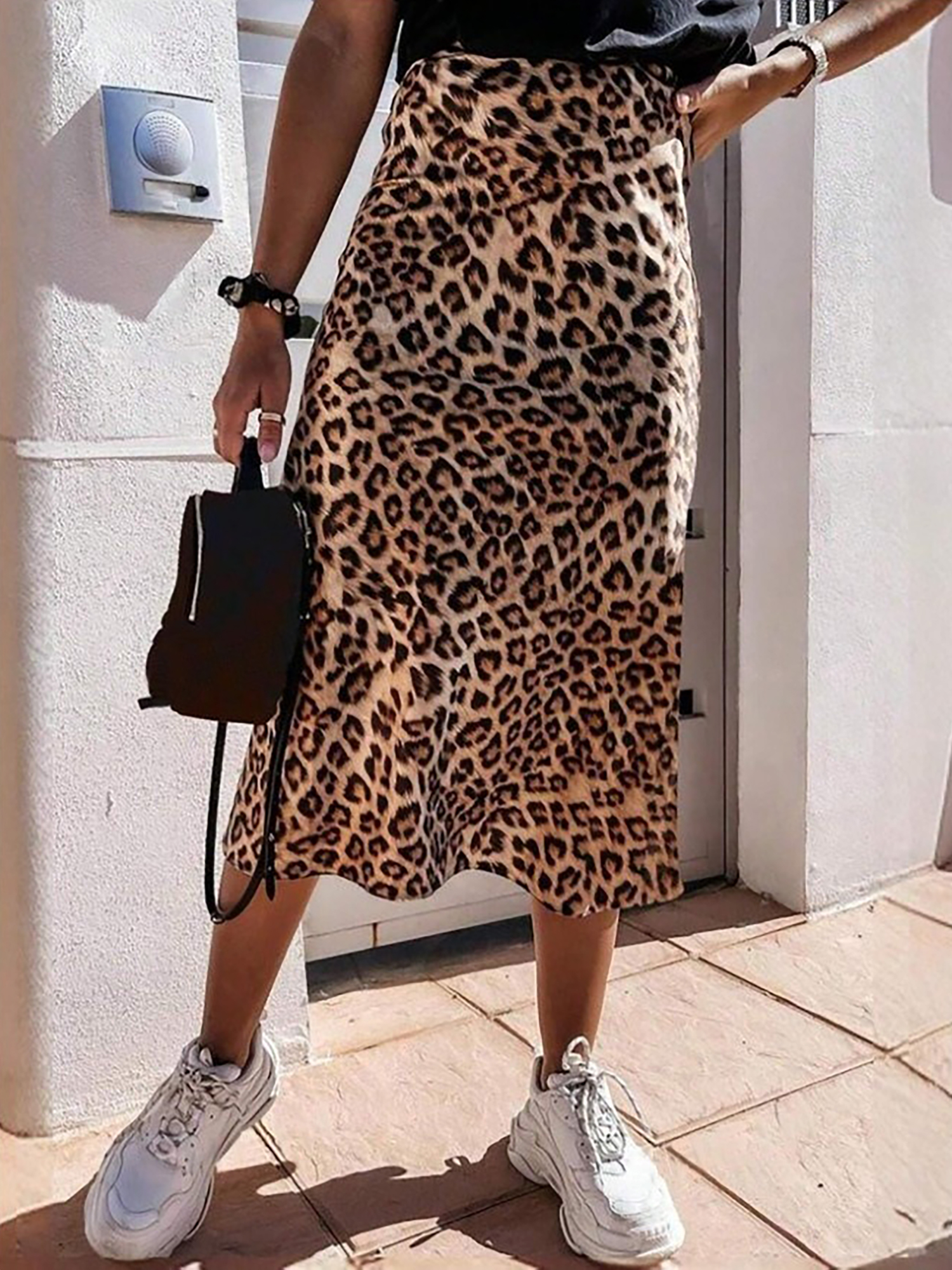 Leopard Print Casual A-Line Midi Skirt Leopard/S