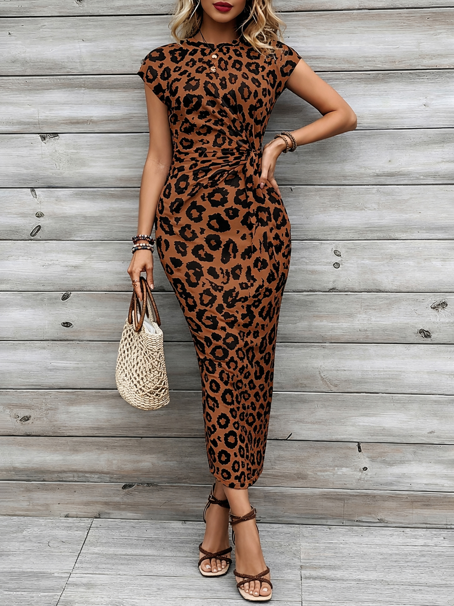 Leopard Print Cap Sleeve Tie-Waist Bodycon Dress Brown/M