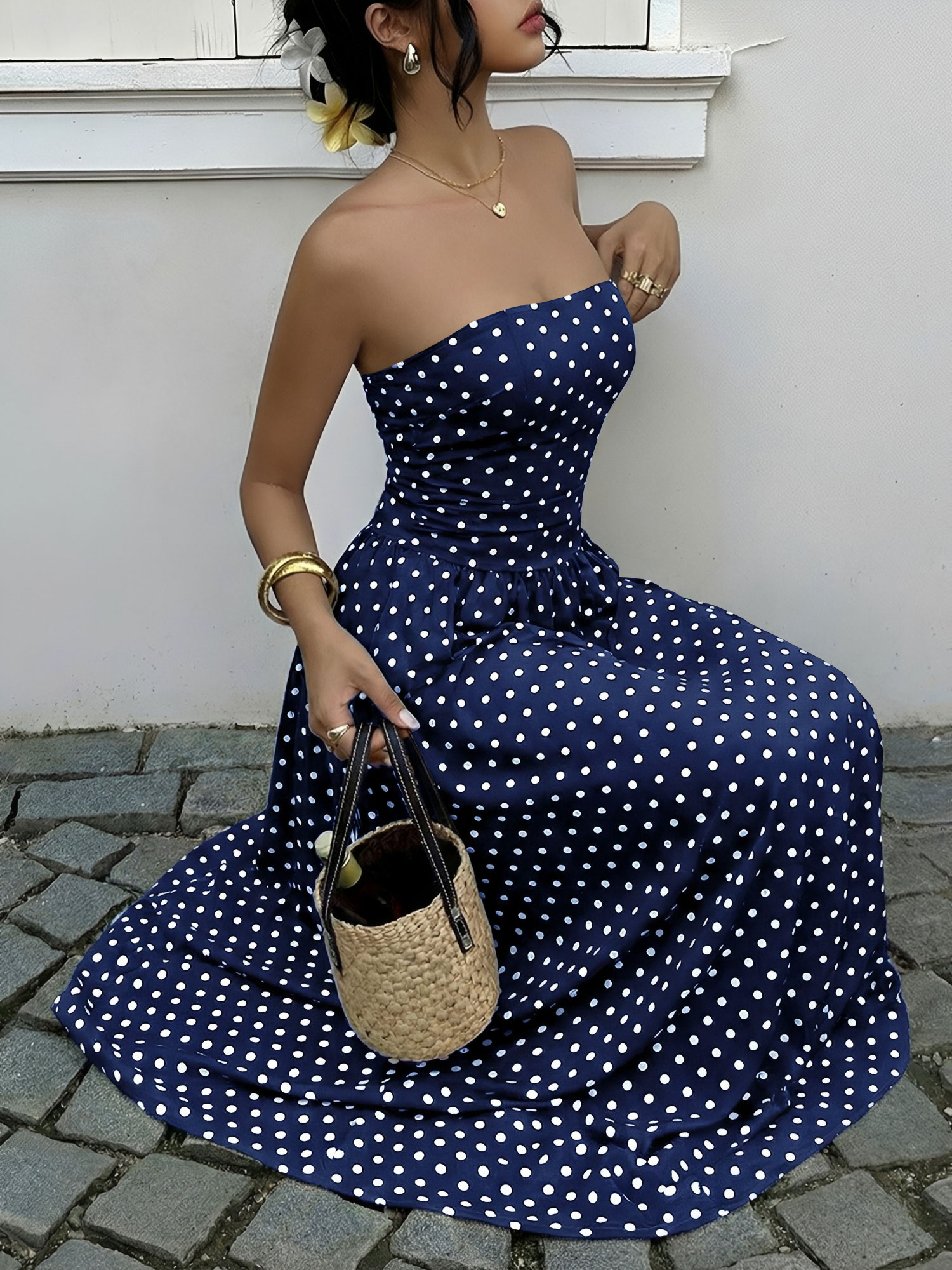 Strapless Polka Dots Smocked Back A-Line Midi Dress Navy Blue/XS